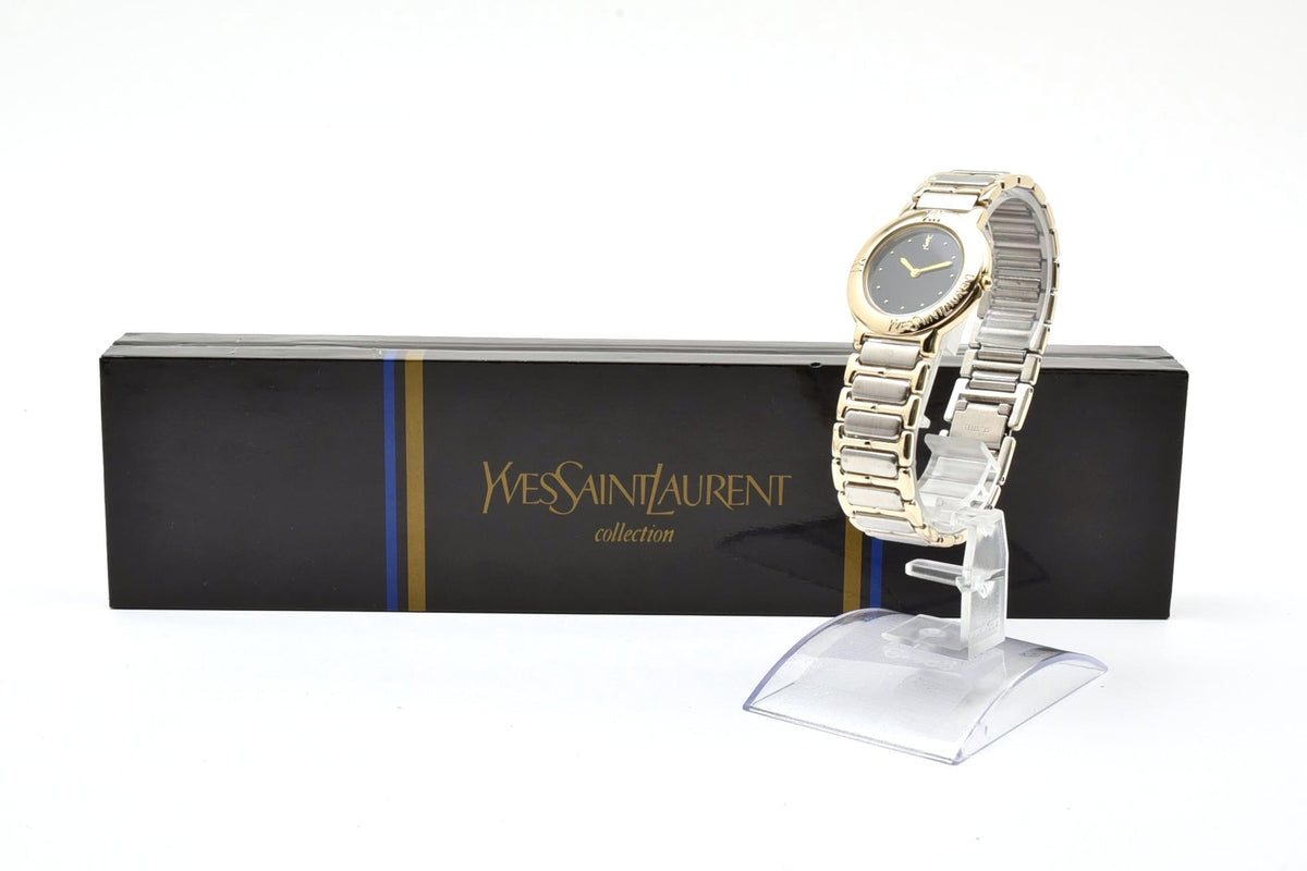 美品 Yves Saint Laurent イヴサンローラン YSL 4620-E60957Y クォーツ ブラック文字盤 ゴールド コンビ ツートン ロゴ 箱付き メンズ レディース 腕時計 稼働品