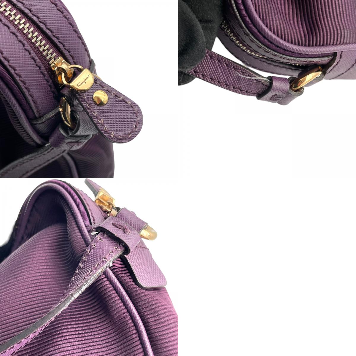 Salvatore Ferragamo フェラガモ ヴァラリボン ミニショルダーバッグ ナイロン レザー 紫 パープル ゴールド金具 斜め掛け ポシェット イタリア製 レディース U8