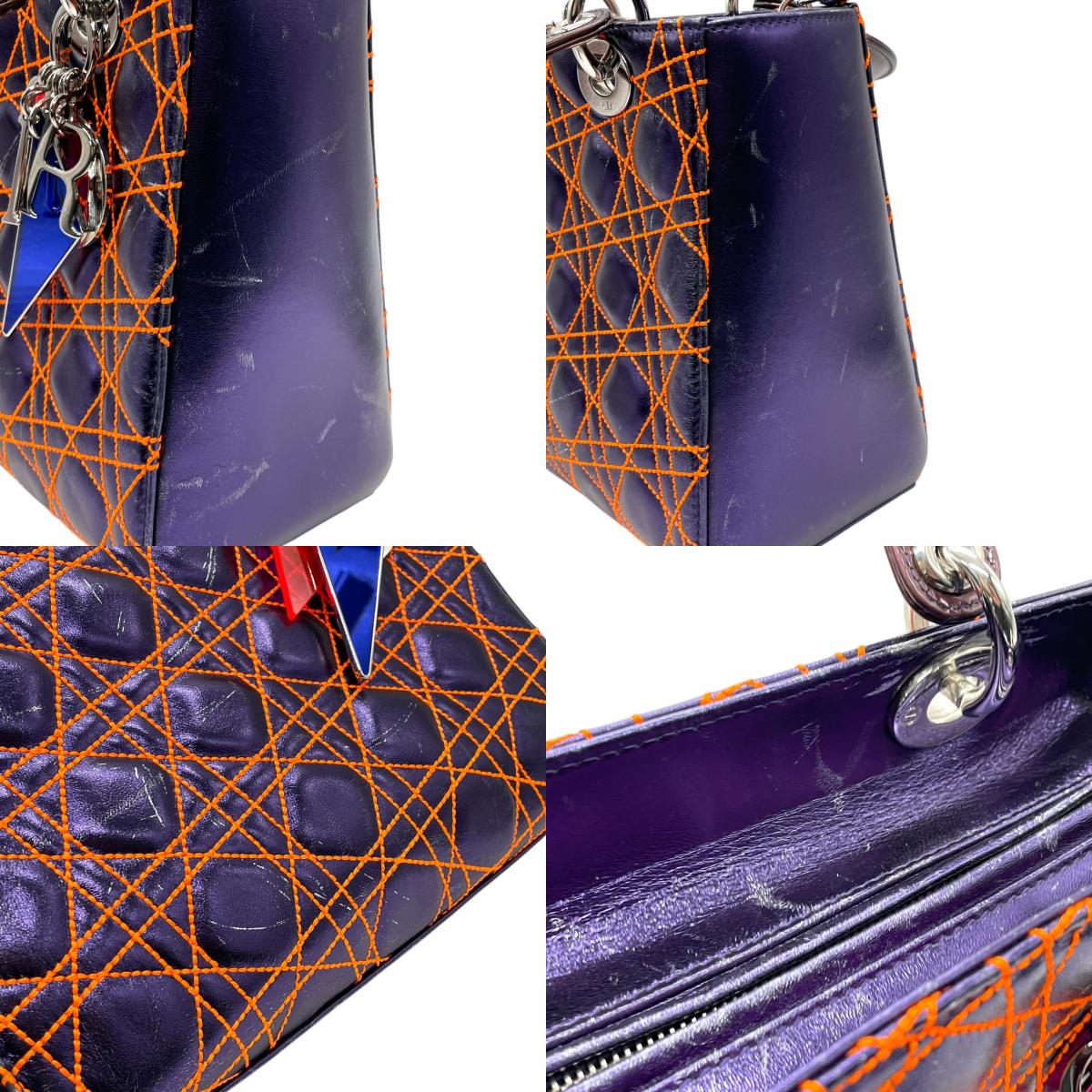クリスチャン・ディオール Lady Dior アンゼルム・レイレ カナージュ レザー 2WAY ハンドバッグ ネイビー オレンジステッチ シルバー金具 ショルダーストラップ付 レディディオール