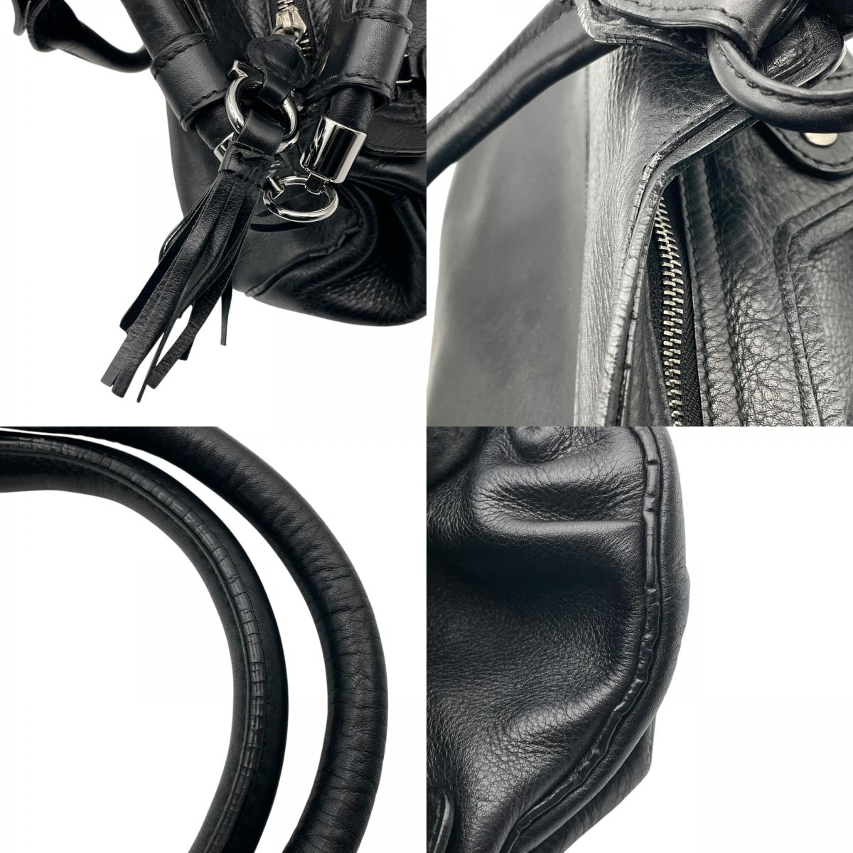美品 フェラガモ Salvatore Ferragamo ガンチーニ ハンドバッグ ワンショルダー 肩掛け可 タッセル 本革 レザー シボ革 ブラック 黒 シルバー金具 レディース クラシック エレガント 高級 通勤 通学 デイリー フォーマル 自立可 C6