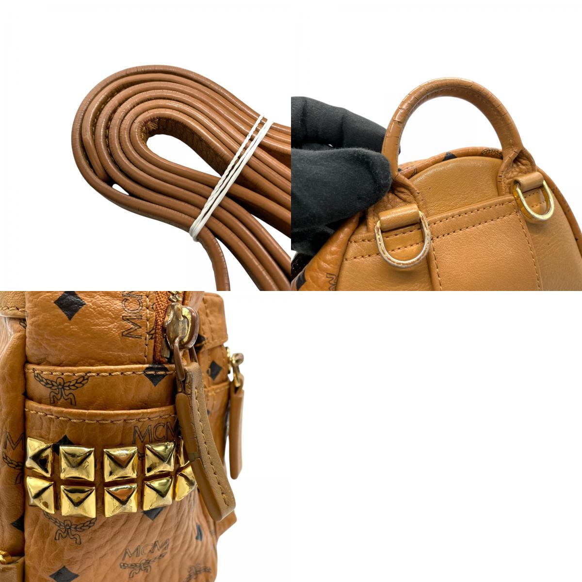 MCM エムシーエム ボディバッグ リュック デイパック ヴィセトス柄 レザー 本革 ブラウン 茶 ゴールド金具 スタッズ レディース カジュアル クラシック エレガント 斜め掛け可 クロスボディ 鞄 バッグ バック ブランド ロゴ 定番 人気 上品 C3