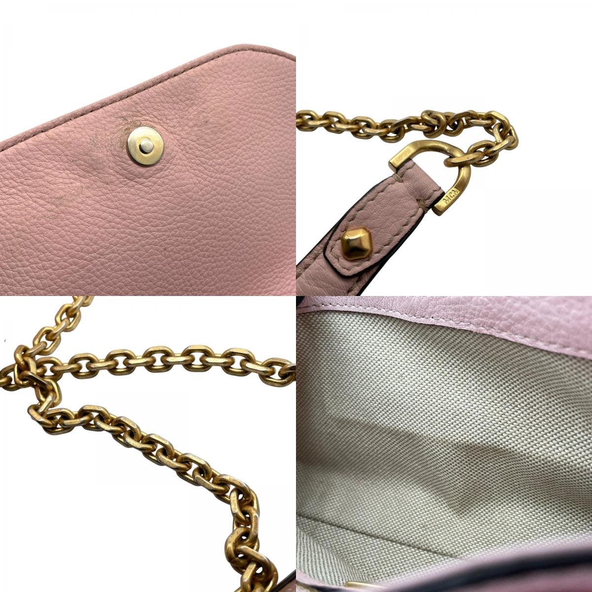 MCM エムシーエム チェーンショルダーバッグ レザー ピンク ゴールド金具 フラップ クロスボディ ポシェット レディース U7