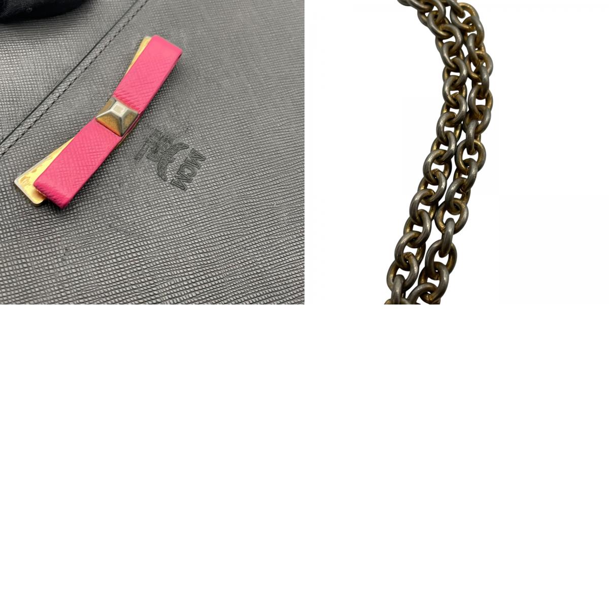 美品 MCM エムシーエム ヴィセトス レザー チェーンウォレット ショルダーバッグ 長財布 ブラック ピンク ゴールド金具 レディース U9