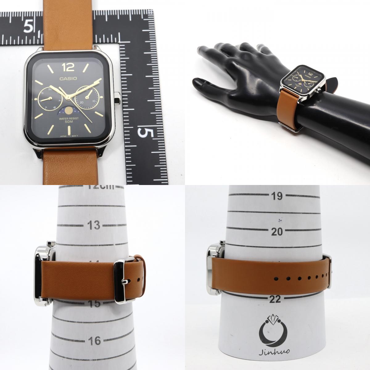 【未使用級/稼働品】カシオ CASIO スタンダード MTP-M305 ムーンフェイズ 腕時計 メンズ ユニセックス クォーツ アナログ スクエア 角型 シルバー ブラック文字盤 ブラウンレザー 海外モデル 逆輸入 クラシック レトロ 希少 レア G8