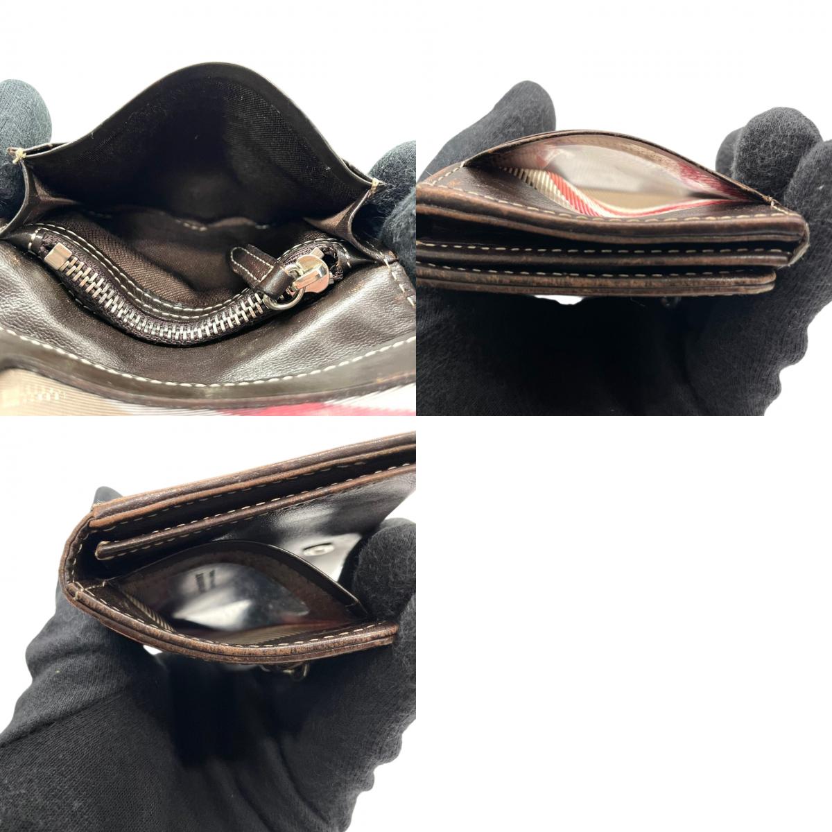 BURBERRY BLUE LABEL バーバリーブルーレーベル 三つ折り財布 コンパクトウォレット チェック柄 プレートロゴ シルバー金具 ナイロン レザー ブラウン マルチカラー レディース クラシック m2