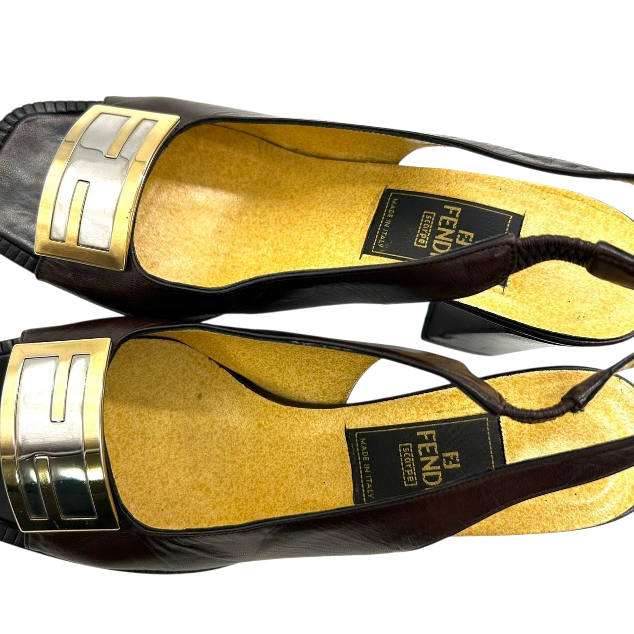 フェンディ FENDI サンダル ミュール ズッカ FFロゴ バックストラップ スクエアトゥ レザー 本革 ダークブラウン ゴールド シルバー 36 23cm イタリア製 ハイヒール エレガント ラグジュアリー ヴィンテージ CT1