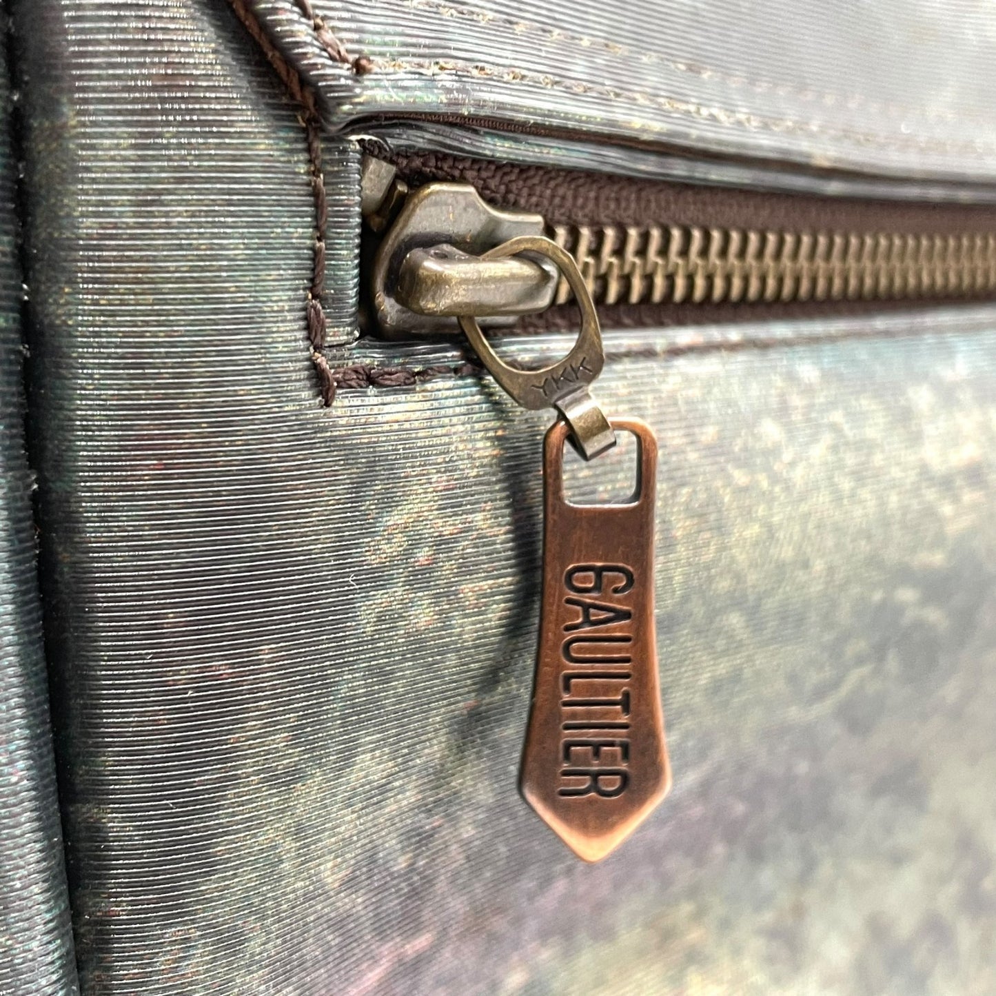 Authentic Jean Paul Gaultier V-Cyber Shoulder Bag Iridescent Green PVC Leather Bronze Hardware Unisex