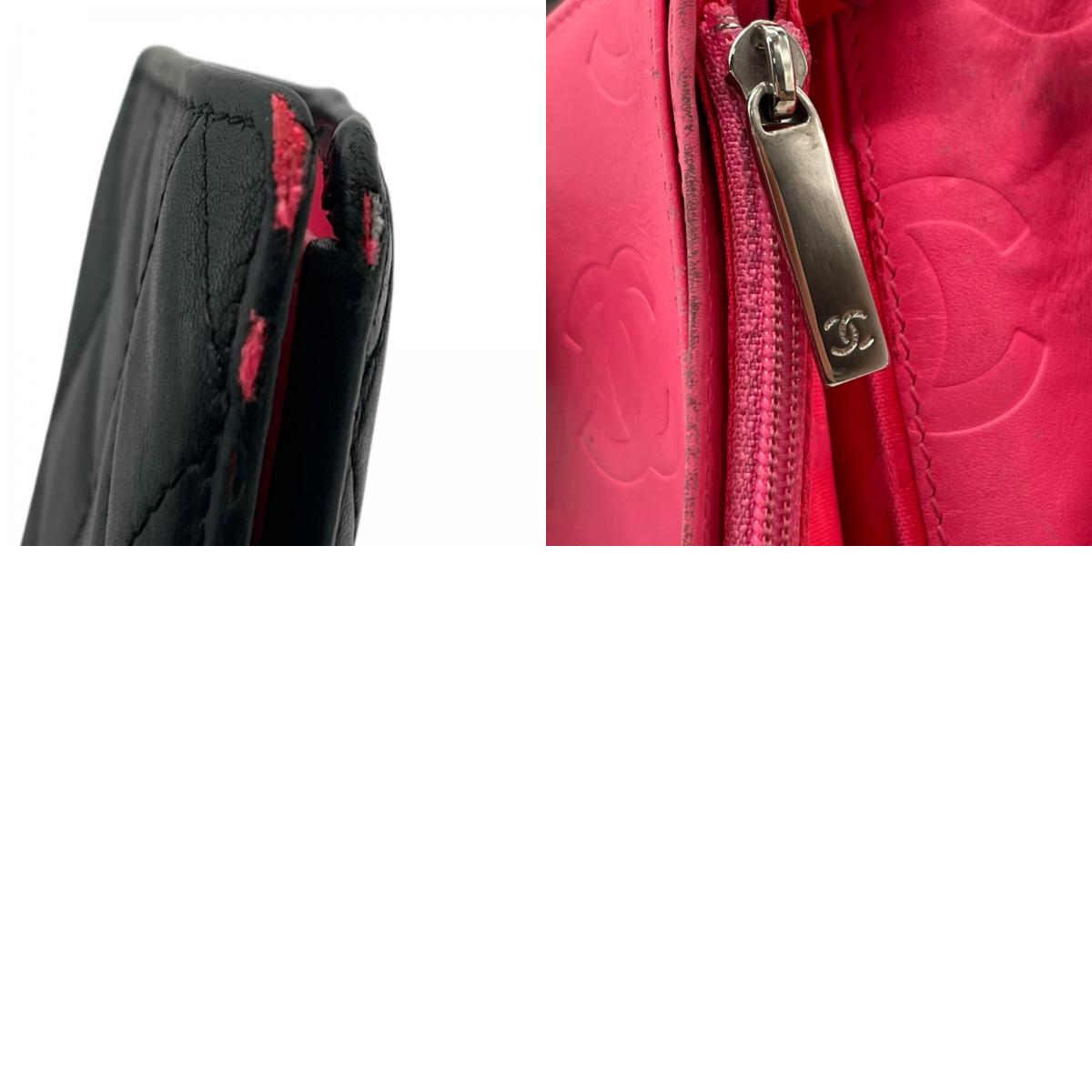 CHANEL シャネル カンボンライン ココマーク 二つ折り 長財布 黒 ブラック ピンク パテントレザー シルバー金具 レディース M5