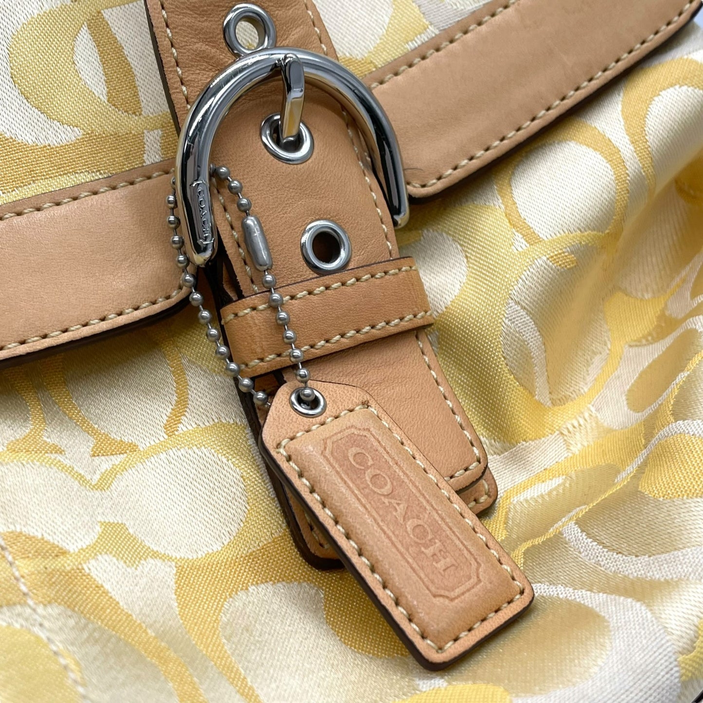 未使用級 COACH コーチ オプティック シグネチャー 6722 ハンドバッグ キャンバス レザー イエロー ブラウン シルバー金具 横長 Y2K レディース U10