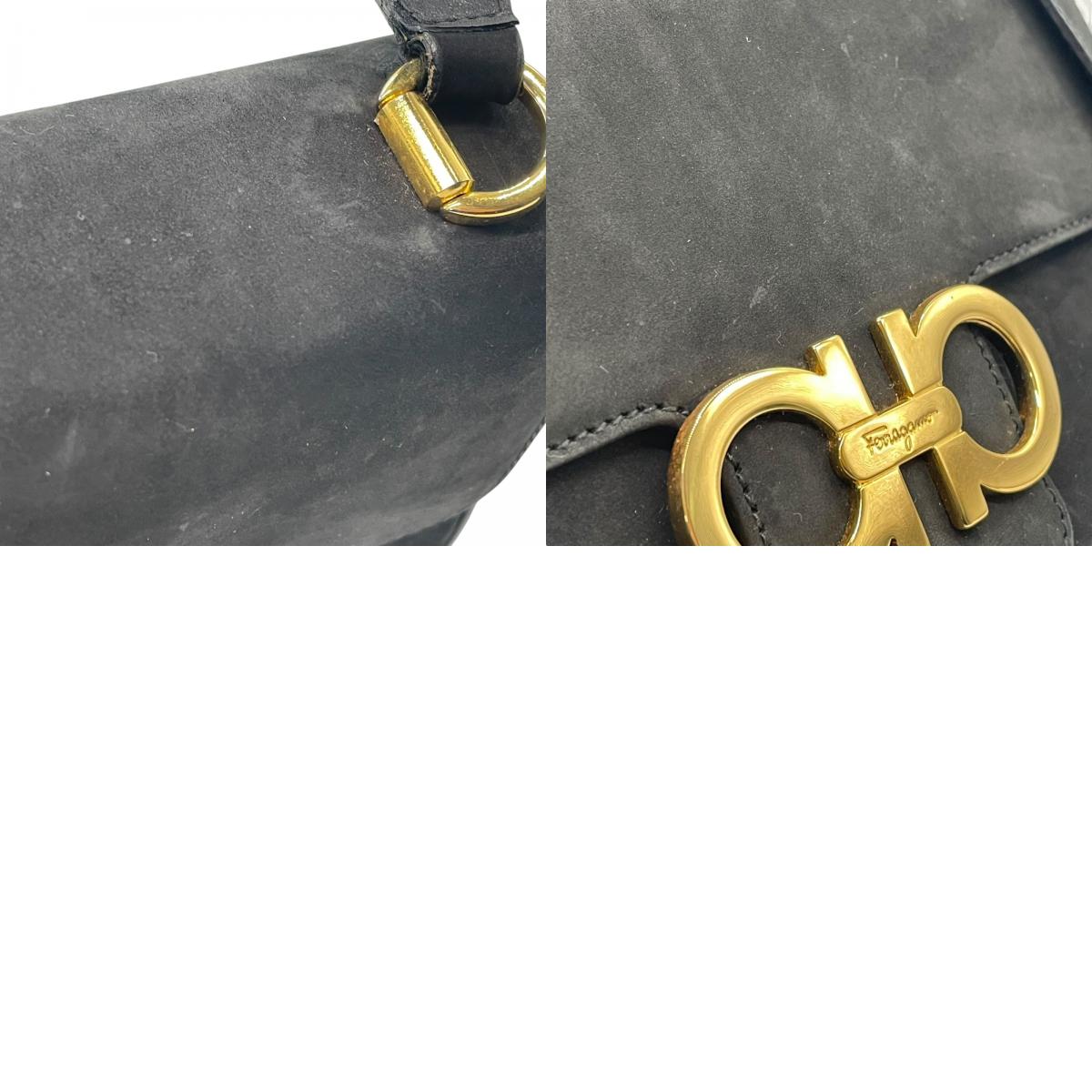 美品 Salvatore Ferragamo フェラガモ ガンチーニ ショルダーバッグ 黒 ブラック AB-21 スエード ゴールド金具 斜め掛け可 ポシェット ミニバッグ レディース フラップ開閉 ヴィンテージ D5