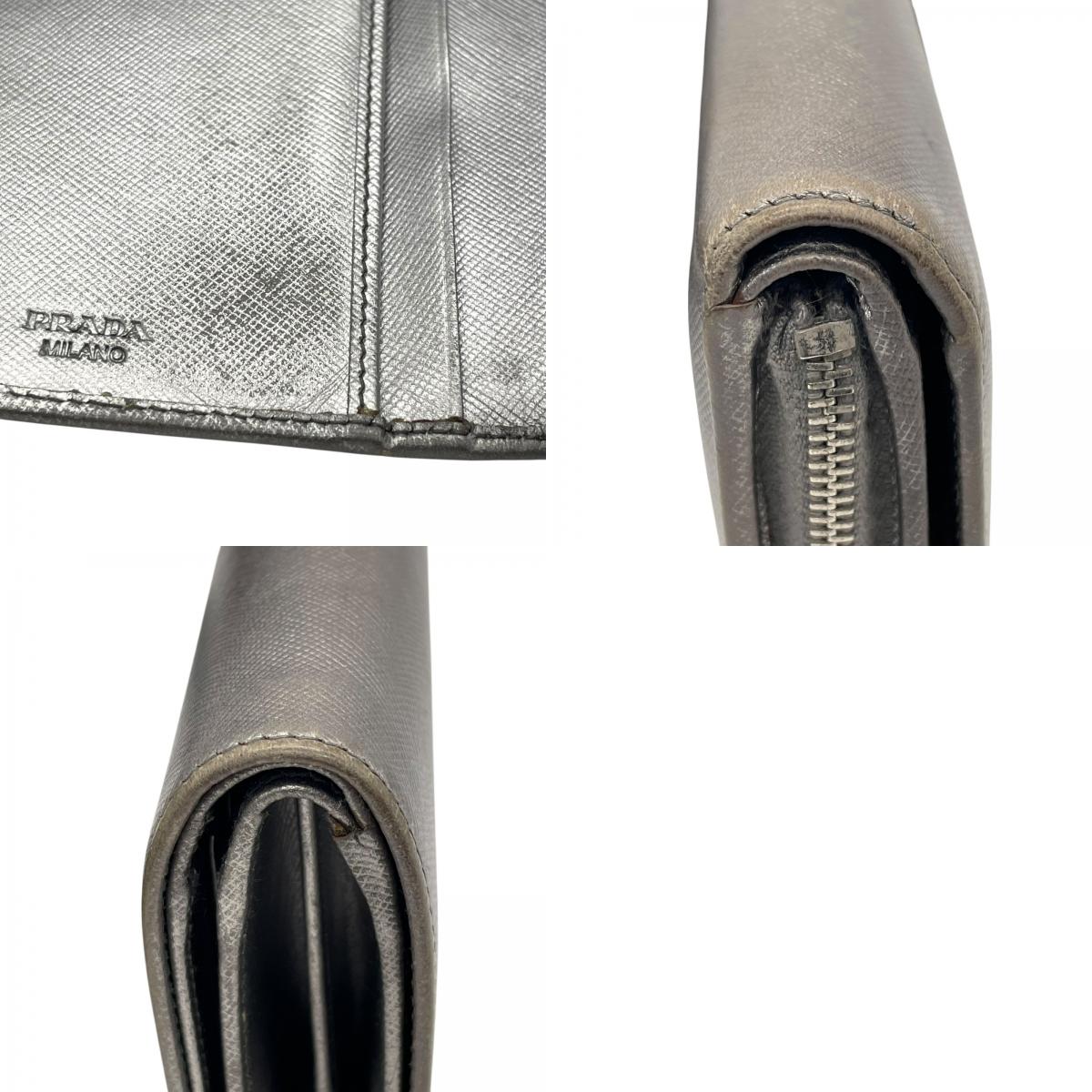 PRADA プラダ 二つ折り財布 コンパクトウォレット メタリックシルバー サフィアーノレザー ロゴ シルバー金具 L字ファスナー レディース W3