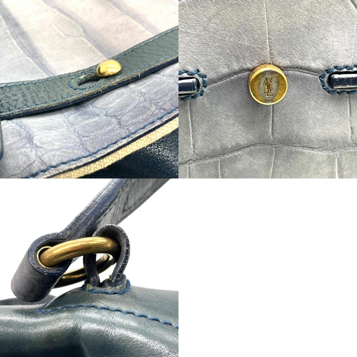 【美品】Yves Saint Laurent イヴ・サンローラン ミューズトゥ スモール ハンドバッグ トリコロール クロコ調 ネイビー ダークグリーン ベージュ レザー ゴールド金具 ヴィンテージ レディース C