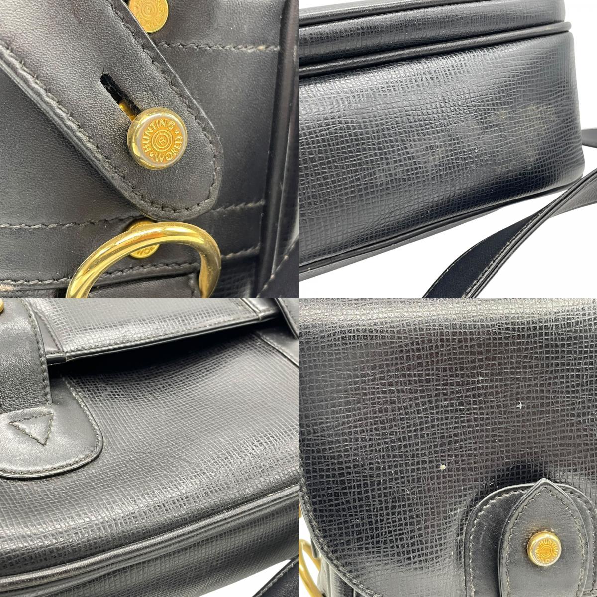 Authentic HUNTING WORLD Carryall Messenger Bag Shoulder Bag Black Leather Gold Hardware Women's Crossbody