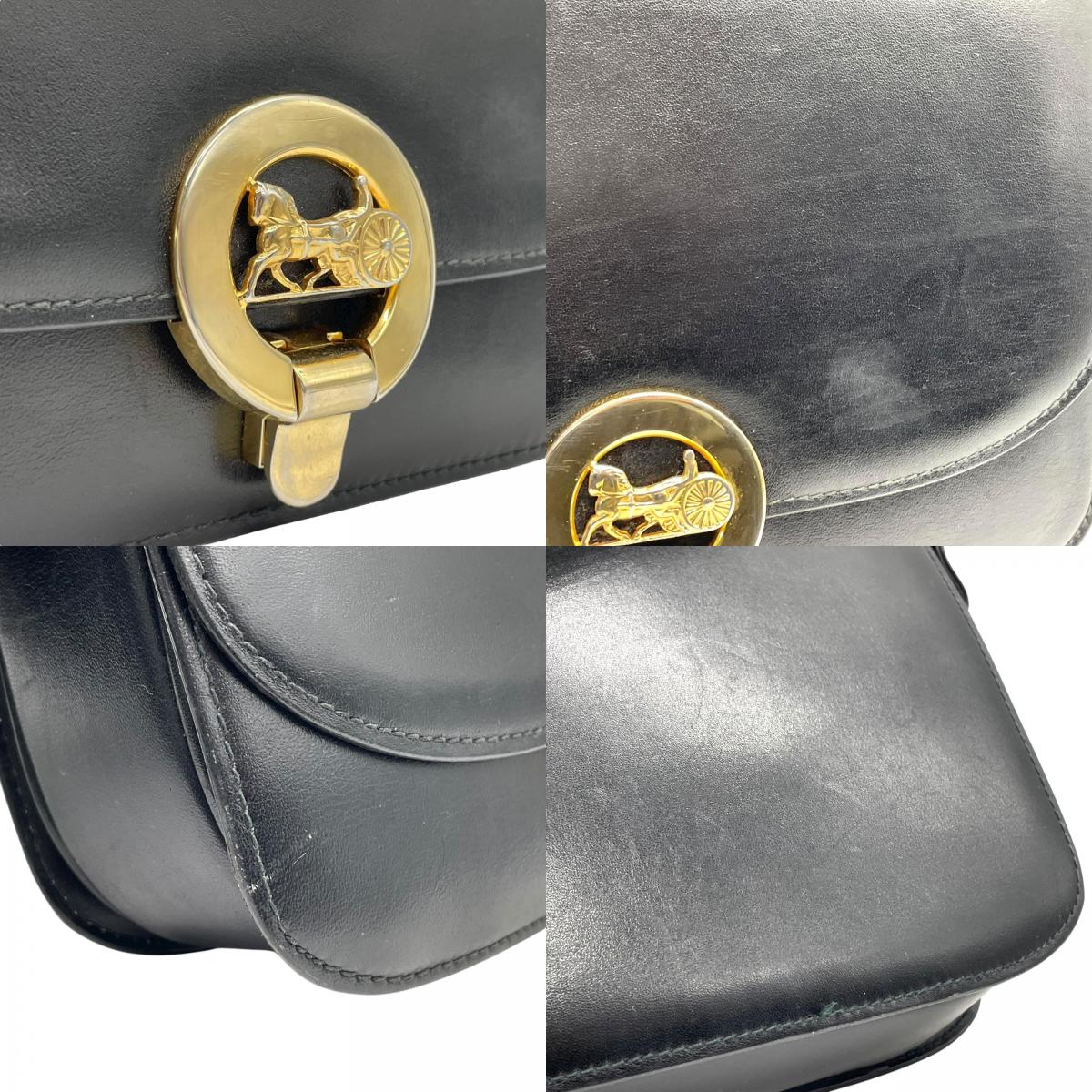 美品 セリーヌ CELINE ホースロゴ ホースキャリッジ金具 ショルダーバッグ 黒 ブラック レザー ヴィンテージ 馬車金具 金金具 ゴールド K5