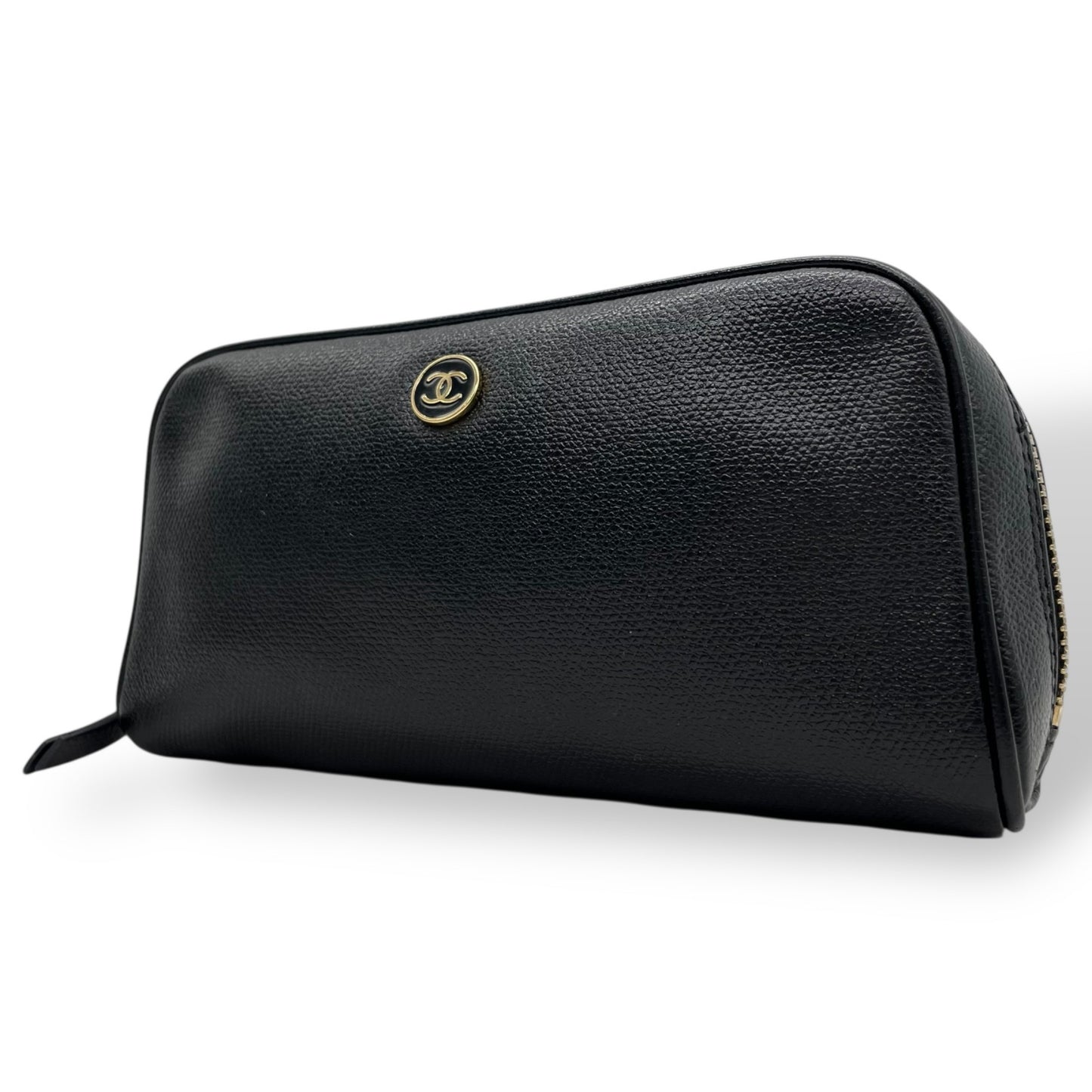 Authentic CHANEL Coco Button Pouch Multi Pouch Cosmetic Bag Leather Black Gold Hardware Zipper Women's