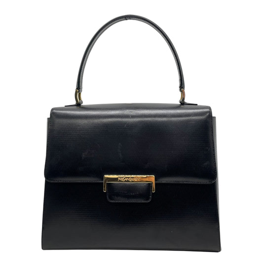 美品 Yves Saint Laurent イヴサンローラン ハンドバッグ 黒 ブラック レザー 本革 ゴールド金具 トップハンドル フラップ開閉 手提げ ロゴ フォーマル レディース ヴィンテージ A