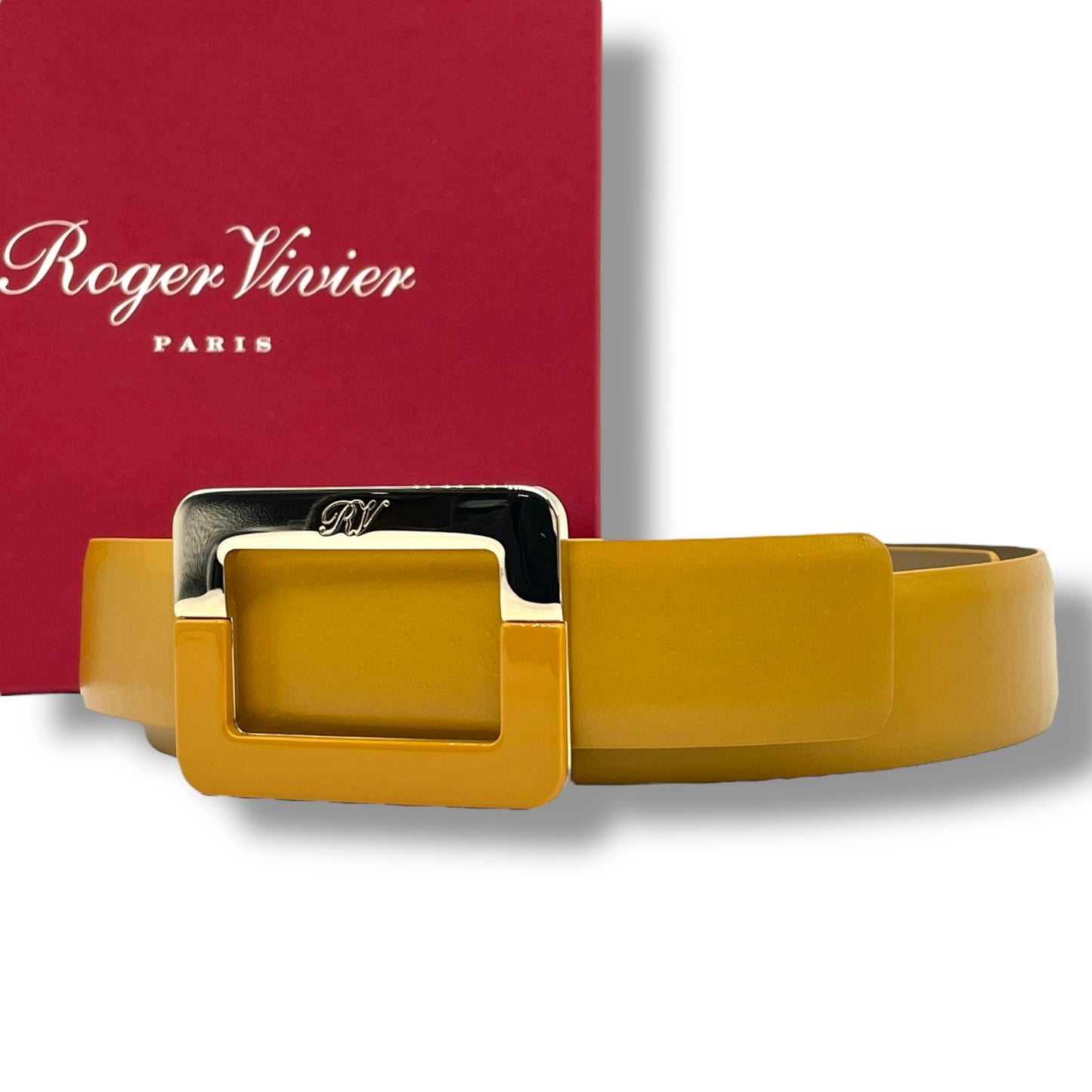 Authentic Roger Vivier Belt Leather Yellow Beige Gold Yellow Hardware Box Women's