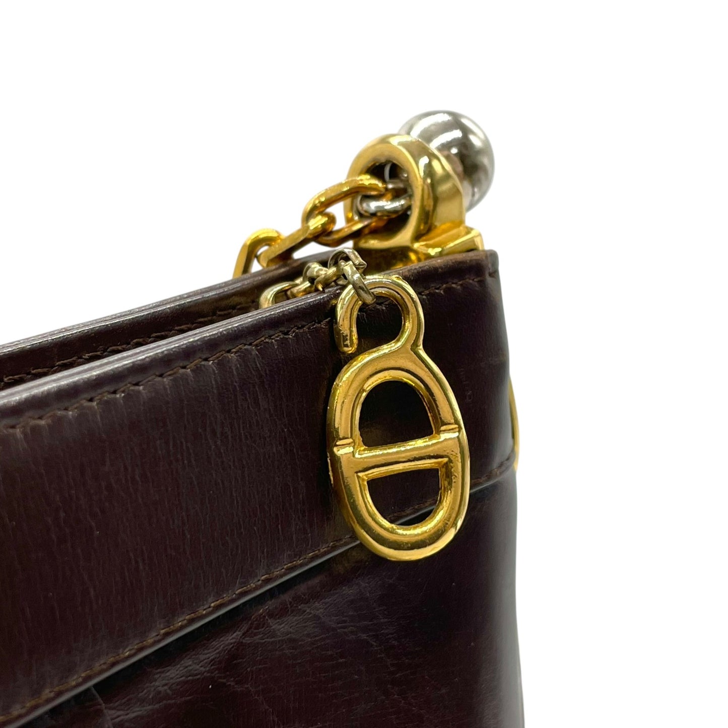 美品 Christian Dior クリスチャンディオール ショルダーバッグ ヴィンテージ ワンショルダー ハンドバッグ ダークブラウン レザー ゴールド金具 CDロゴ レディース U3