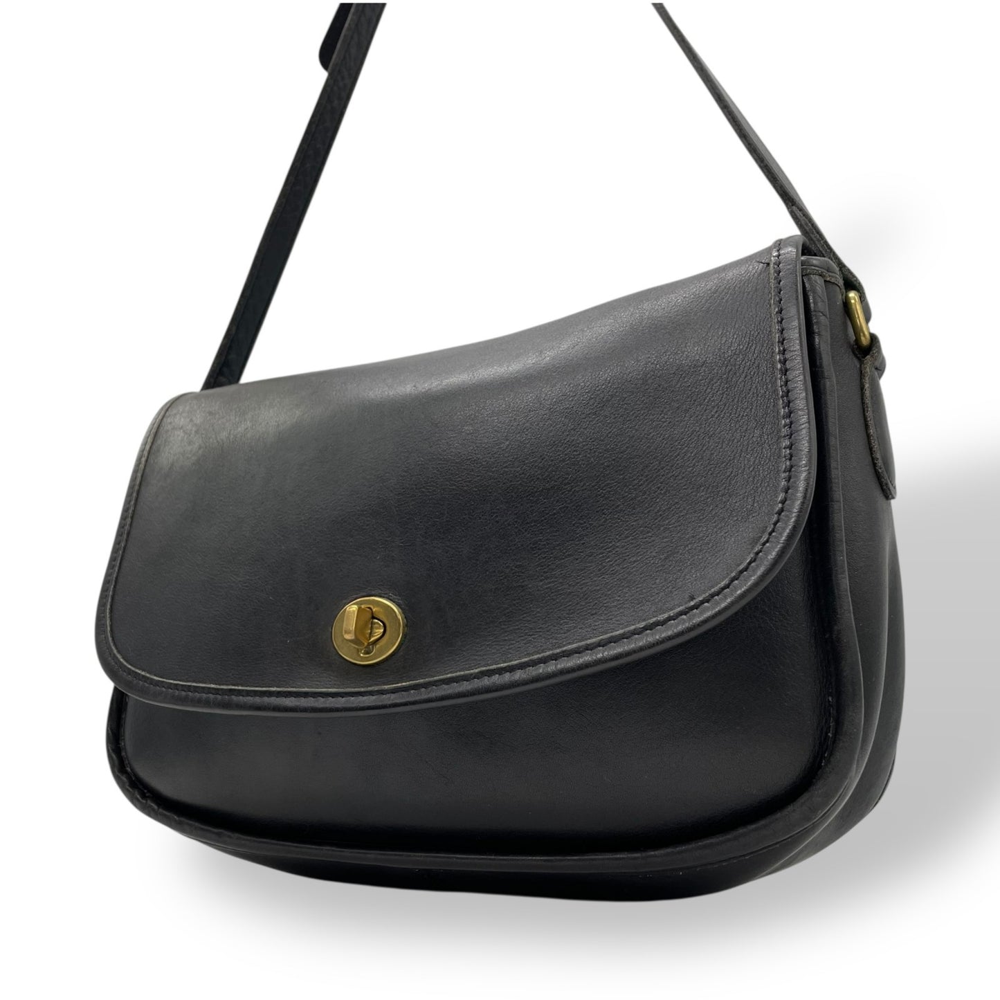 Authentic COACH Old Coach Turnlock 9790 Black Leather Crossbody Flap Shoulder Bag Gold Hardware