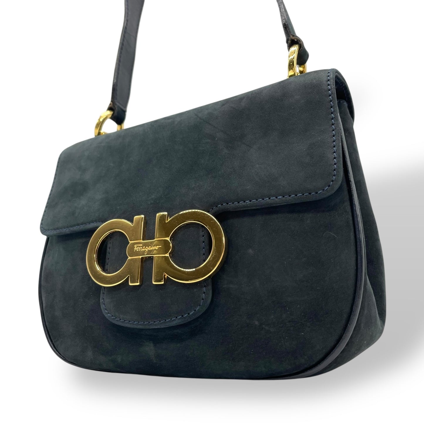 Authentic Salvatore Ferragamo Double Gancini Suede Shoulder Bag Navy Gold Women