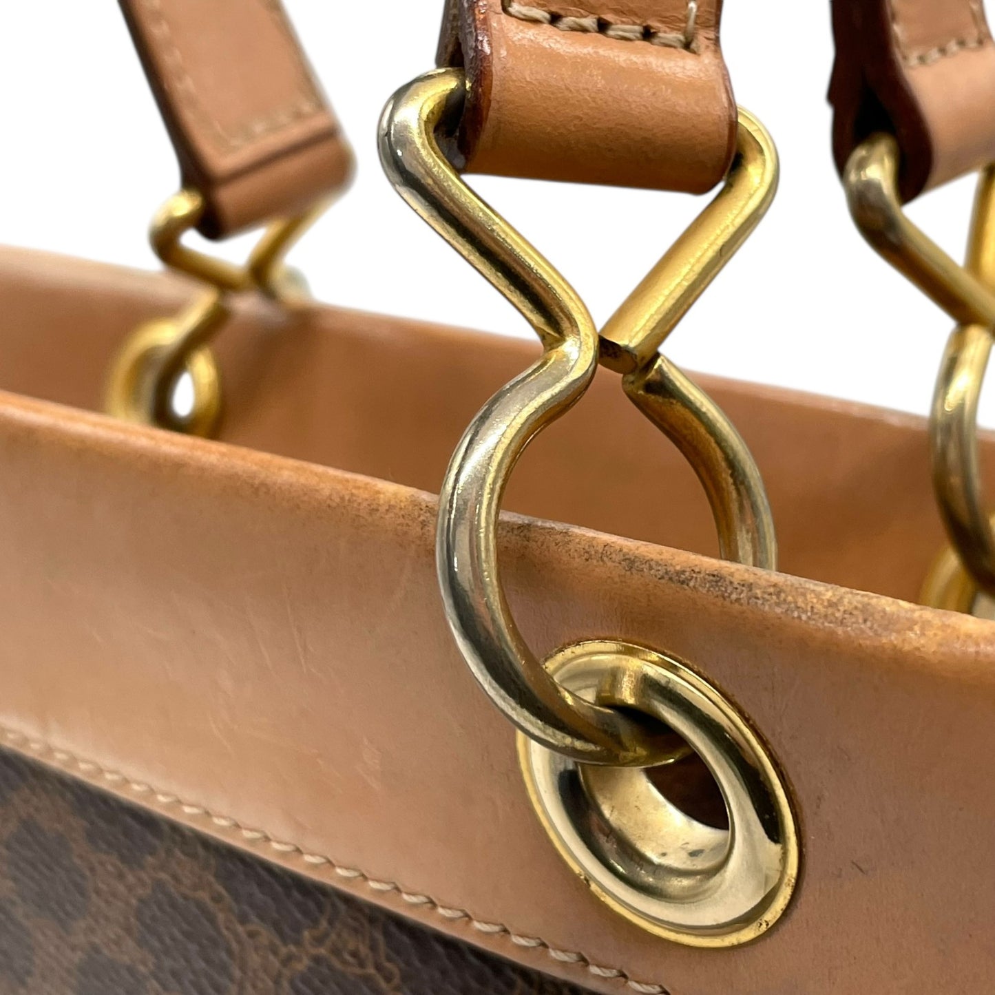 CELINE セリーヌ マカダム柄 ハンドバッグ ミニトート 茶 ブラウン PVC レザー ゴールド金具 手提げ ヴィンテージ オールドセリーヌ レディース E