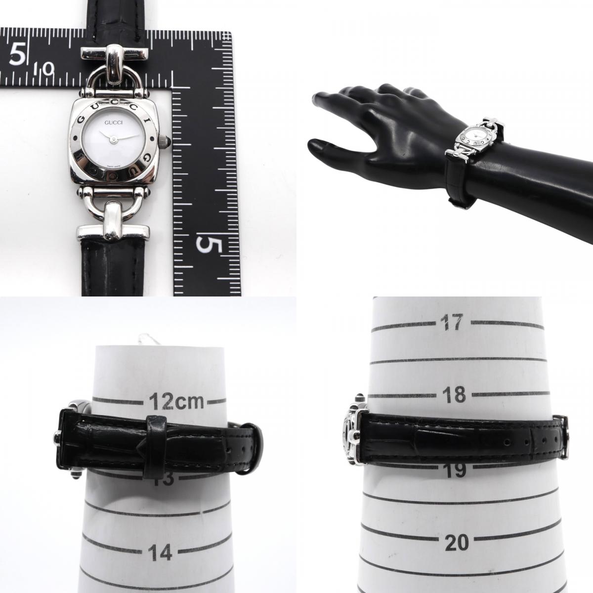 【美品/電池交換済/新品ベルト(社外品)】グッチ GUCCI 6300L レディース腕時計 クオーツ スクエアケース シルバー ホワイト文字盤 ブラックレザーベルト ホースビットデザイン クラシック エレガント ドレスウォッチ SWISS MADE G2