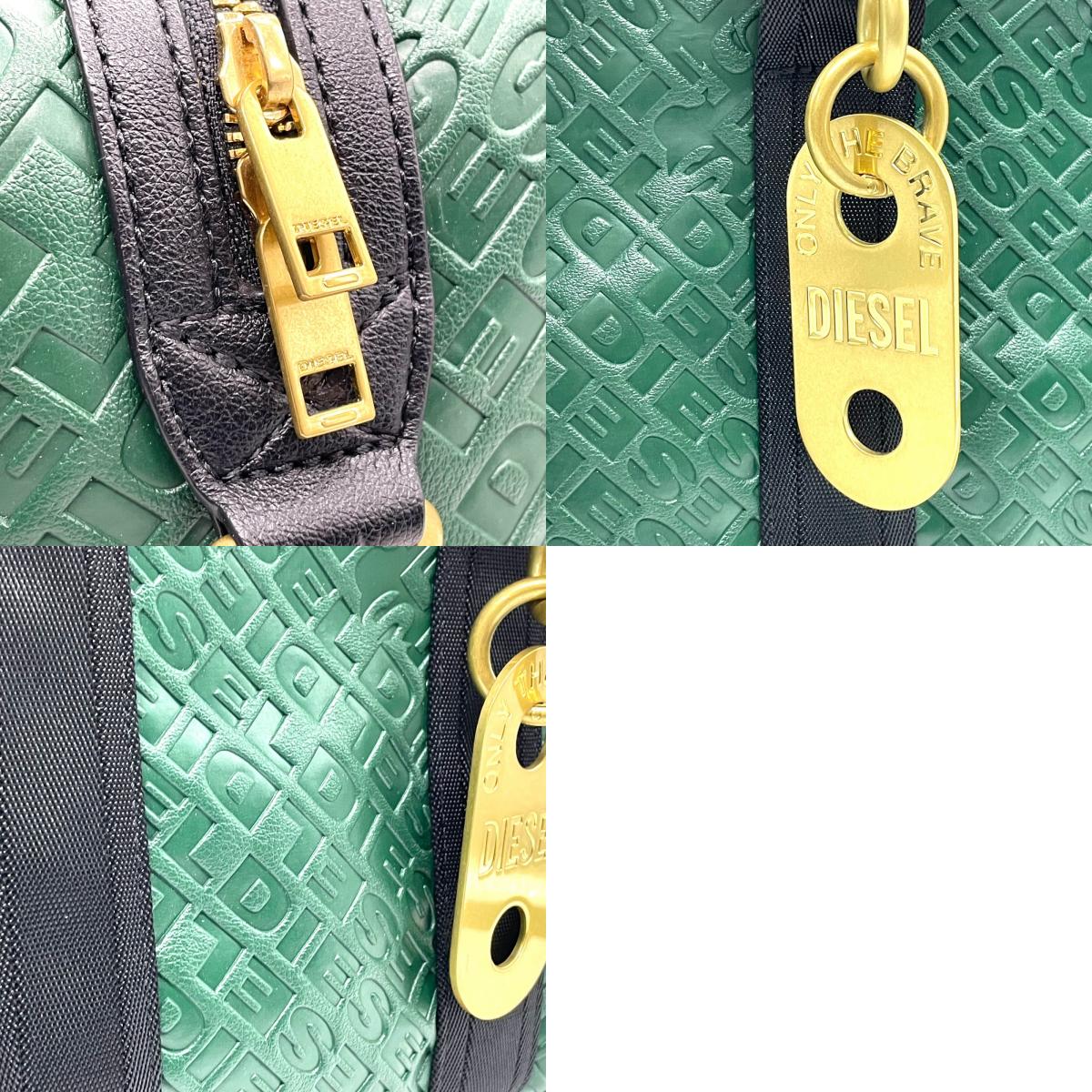 美品 DIESEL ディーゼル エンボス モノグラム ハンドバッグ 2WAY ショルダー ミニボストン 総柄 レザー 本革 グリーン 緑 2WAY ボストンバッグ ショルダーバッグ ゴールド金具 ユニセックス ファスナー開閉 Y2K label C