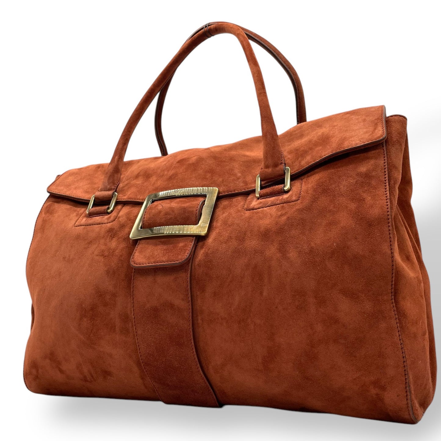 Authentic Roger Vivier Handbag Tote Brown Suede Gold Hardware Spacious Women's