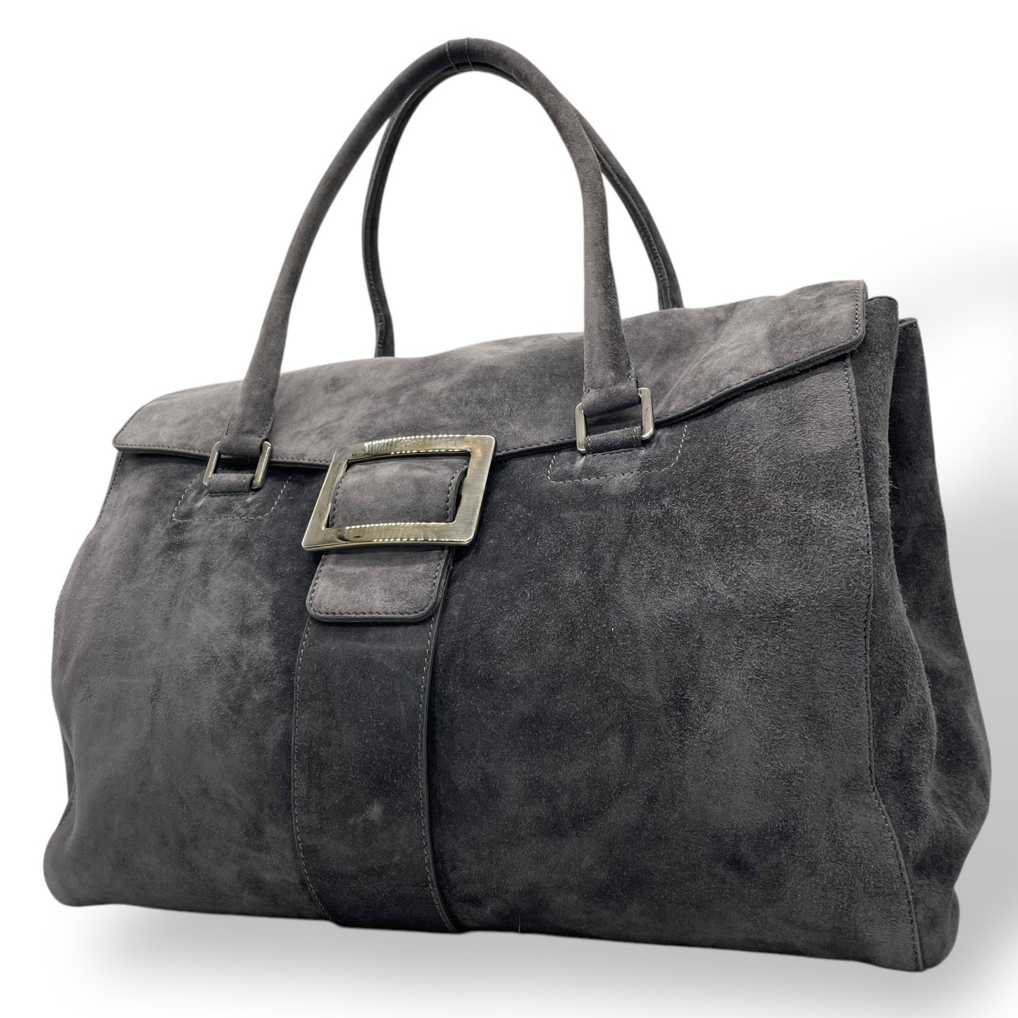 Authentic Roger Vivier Handbag Tote Grey Suede Black Hardware Spacious Women's