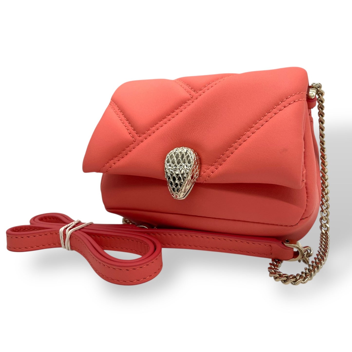 Authentic BVLGARI Serpenti Cabochon Micro Bag Shoulder Bag Salmon Pink Leather Silver Hardware Women's