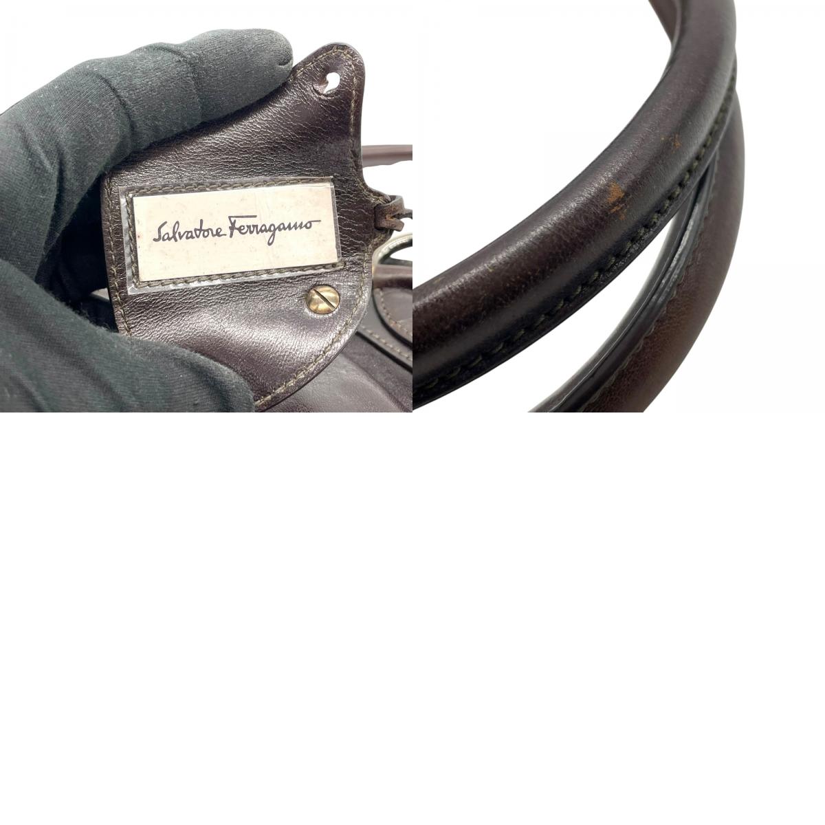 美品 Salvatore Ferragamo フェラガモ ガンチーニ ハンドバッグ レザー 茶 ダークブラウン マリッサ シルバー金具 クロシェット レディース 手提げ K6