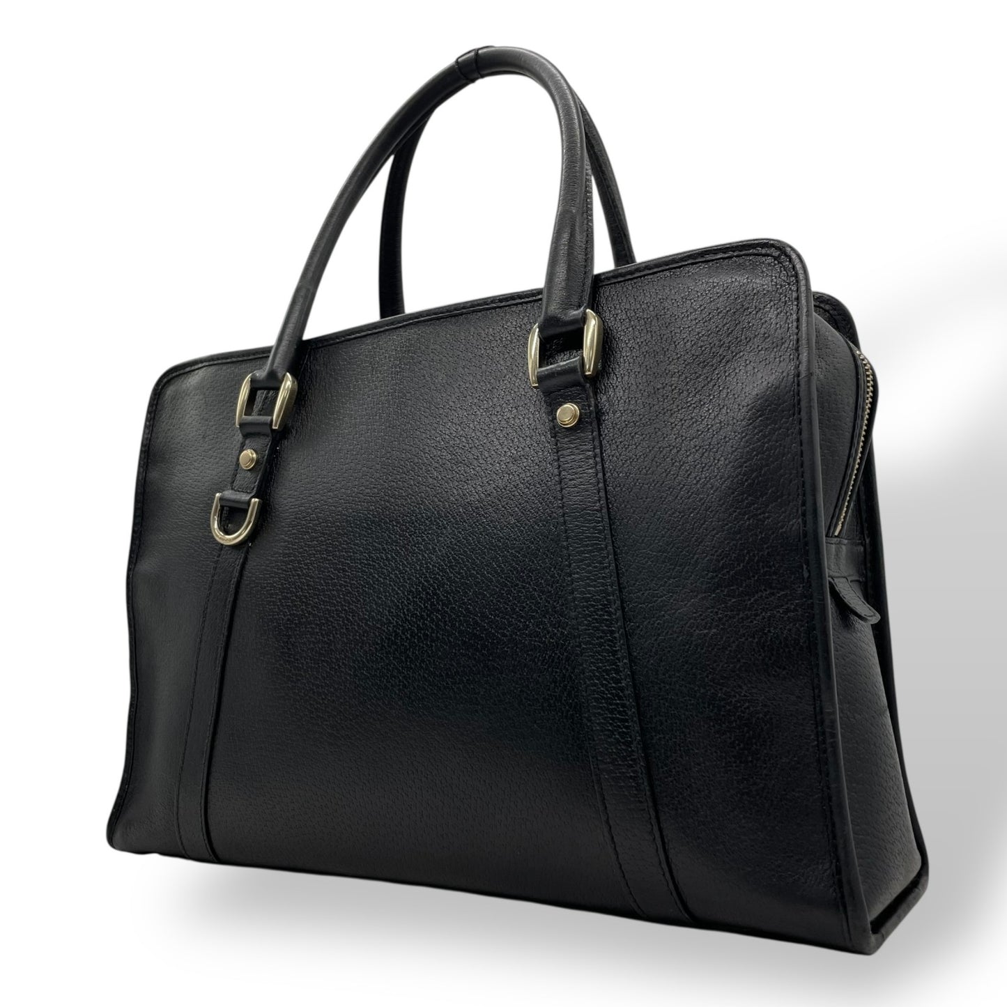 Authentic GUCCI Black Leather Briefcase Business Bag Gold Hardware Logo Men Women