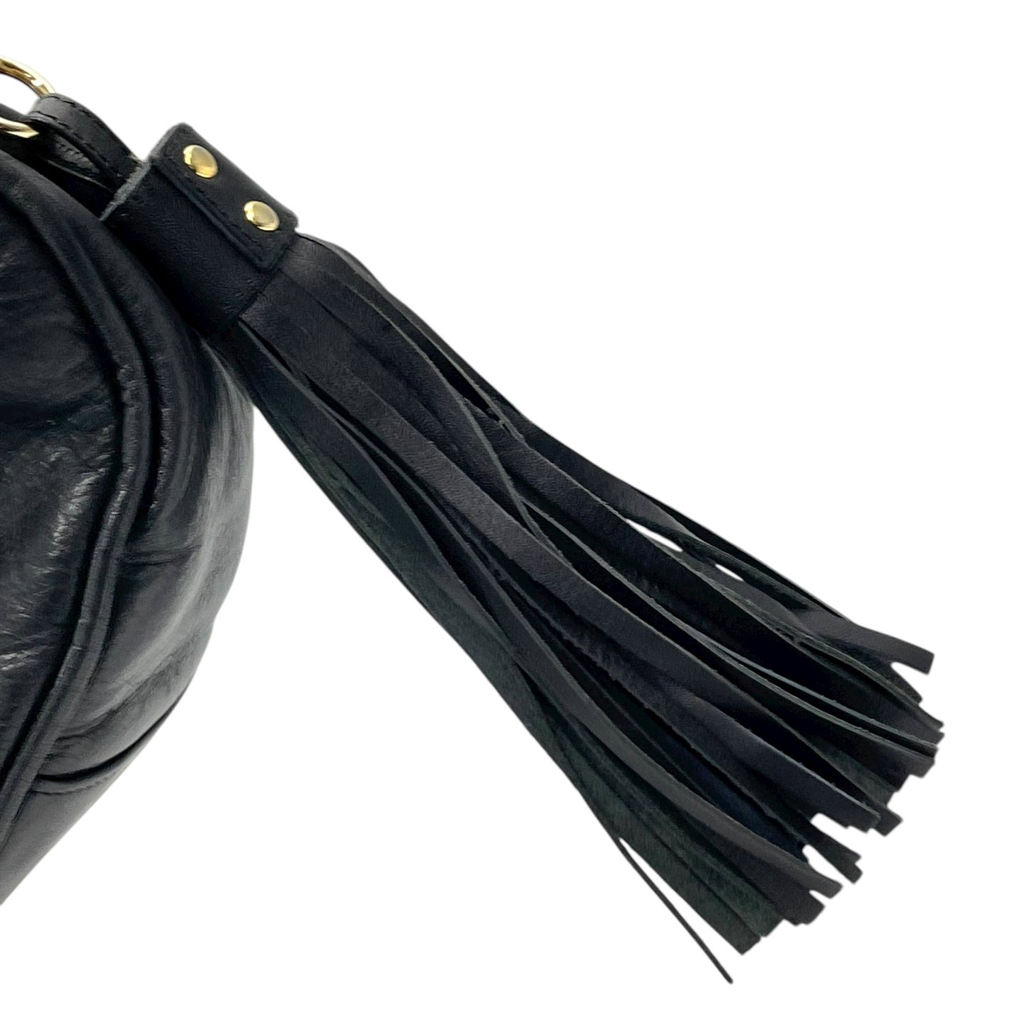 未使用級 ヴィヴィアンウエストウッド Vivienne Westwood オーブ ロゴ ハンドバッグ ワンショルダー ホーボーバッグ タッセル付き フリンジ 黒 ブラック レザー ゴールド金具 C8