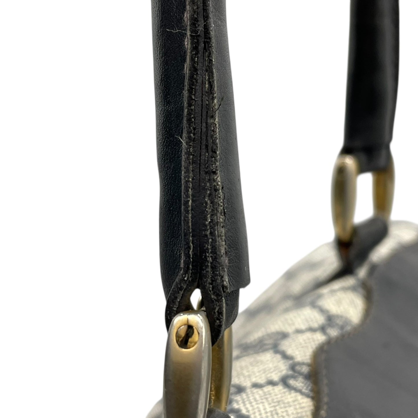 Authentic GUCCI GG Supreme Boston Bag Gray Navy PVC Leather Gold Hardware Vintage Women's Handbag GG Pattern