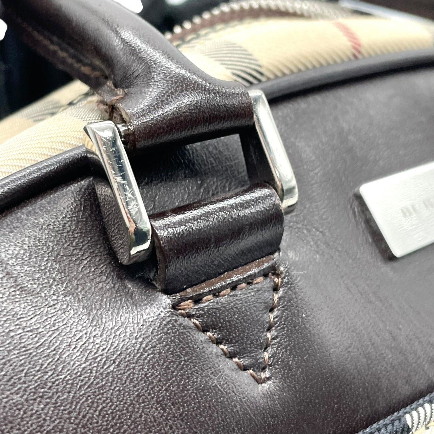 美品 BURBERRY バーバリー ノバチェック柄 ハンドバッグ ミニボストンバッグ ベージュ キャンバス×ブラウンレザー メンズ レディース ボーイズ ガールズ 旅行 ビジネス K10