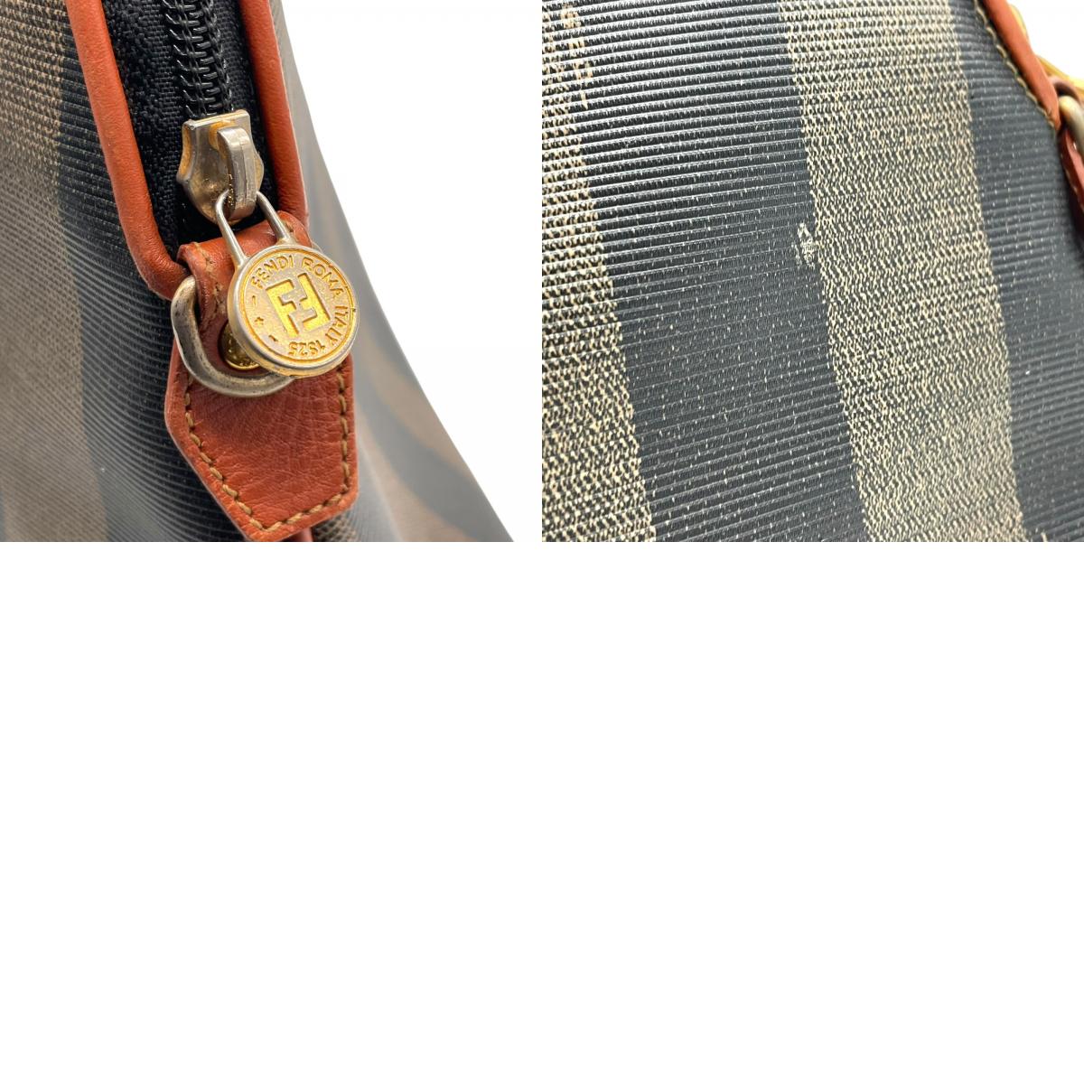 フェンディ FENDI ペカン柄 ボストンバッグ PVC レザー 茶色 カーキ ブラウン ストライプ ハンドバッグ ヴィンテージ B