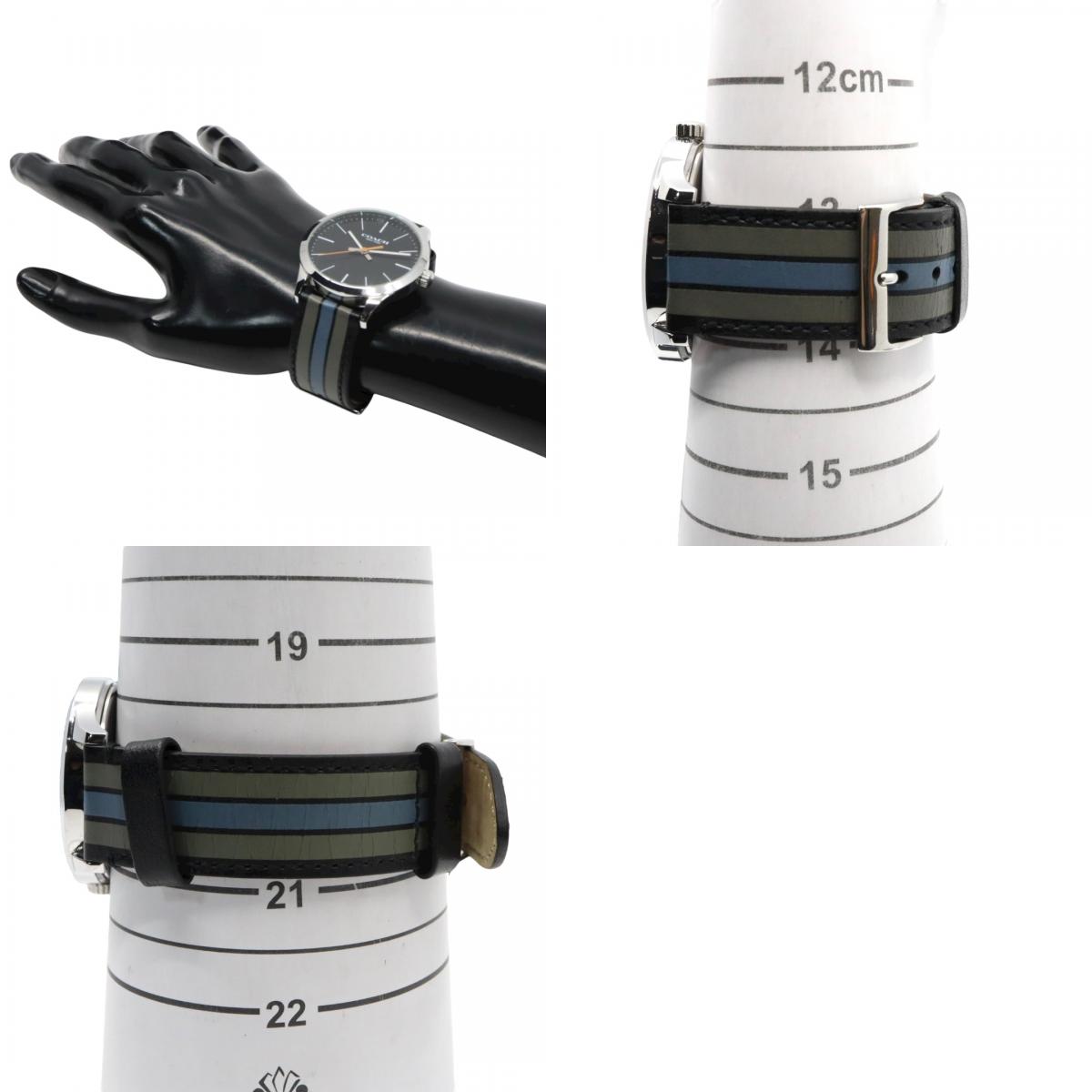 【美品】コーチ COACH 腕時計 メンズ チャールズ Charles ブラック シルバー マルチカラー ストライプ レザー CA.118.2.112.1537 クォーツ アナログ 3針 ビジネス カジュアル シンプル 個性的 希少 ビッグフェイス G11