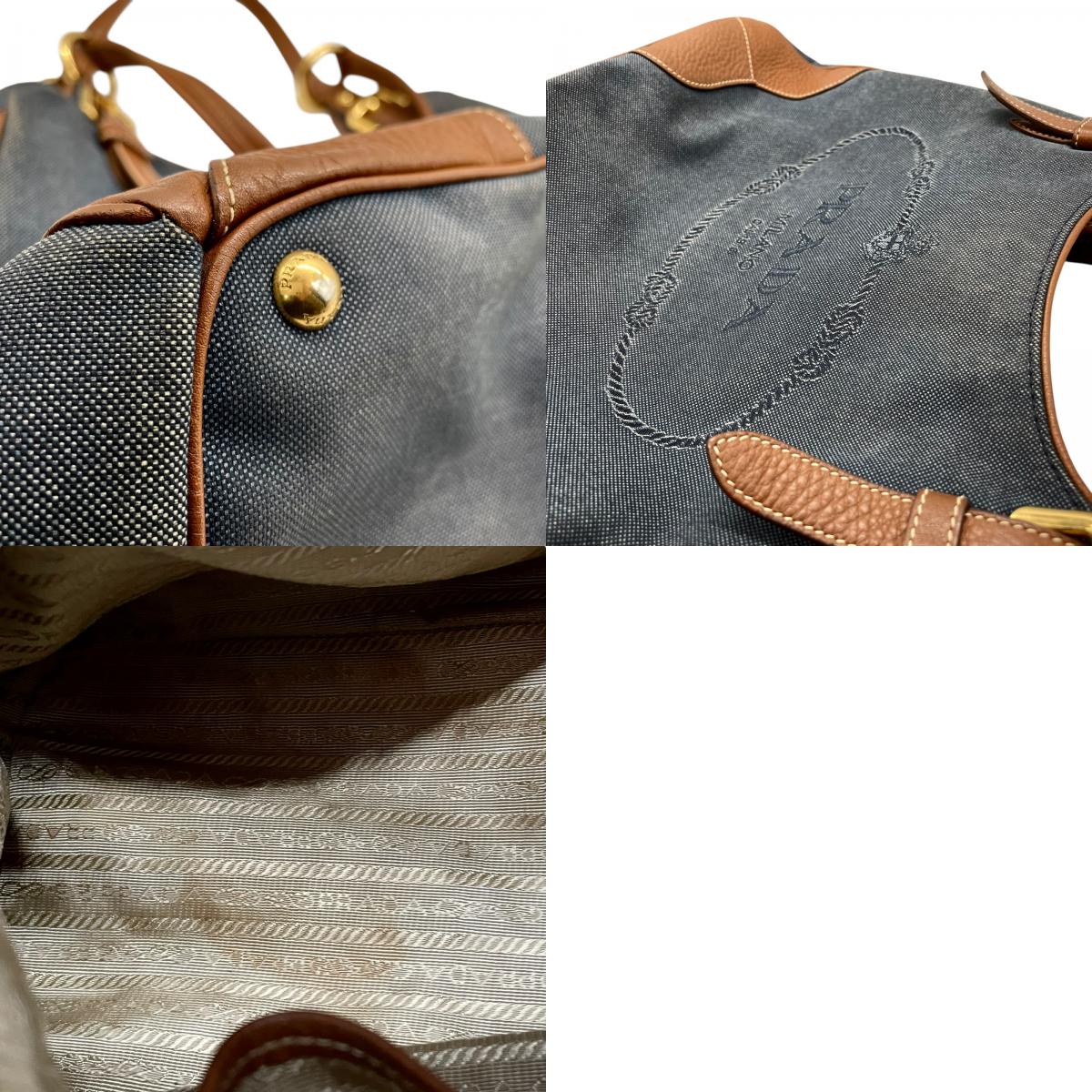 美品 PRADA プラダ ロゴ ジャガード トートバッグ ショルダー デニム レザー ブルー ブラウン ゴールド金具 D5