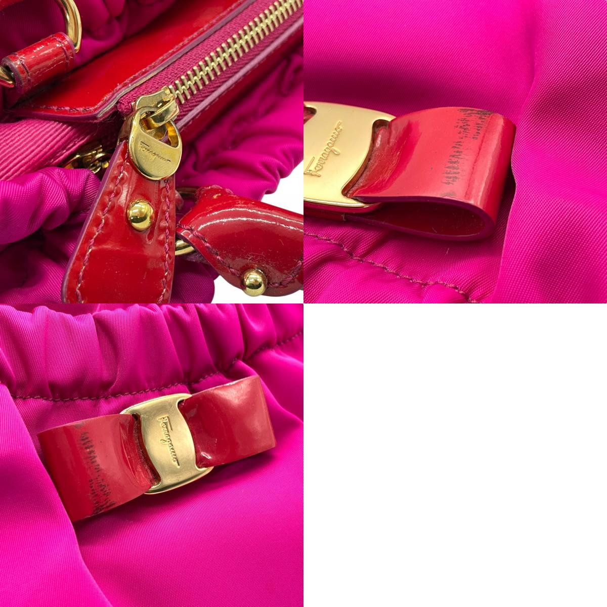 極美品 希少 Salvatore Ferragamo フェラガモ ヴァラリボン 2WAY ショルダー ピンク レッド ナイロン パテント ハンドバッグ クロスボディ ゴールド金具 レディース K1