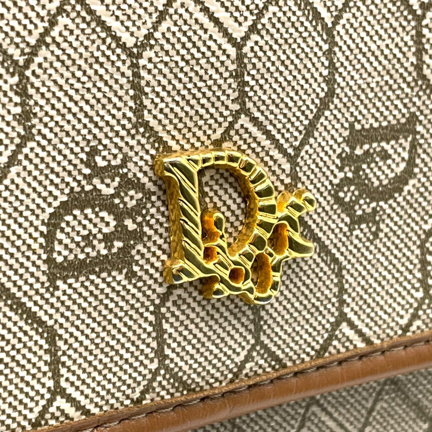 クリスチャン ディオール Christian Dior CDロゴ チェーンショルダーバッグ ベージュ 茶色 ブラウン ハニカム柄 キャンバス レザー ゴールド 金金具 ヴィンテージ K11