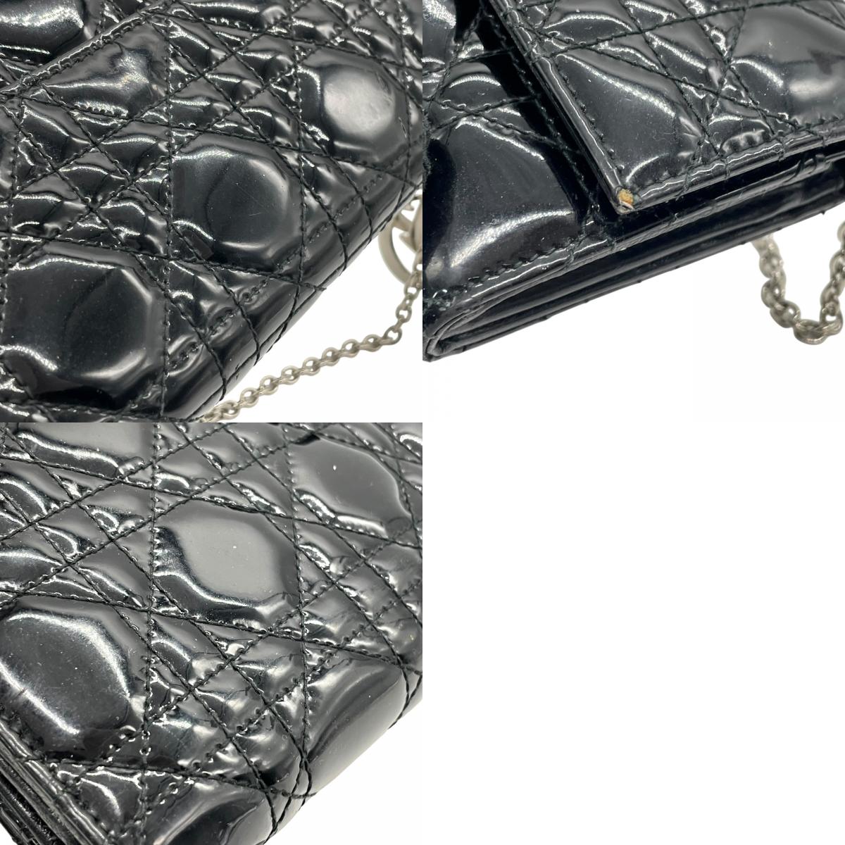クリスチャンディオール Dior レディディオール ウォレットオンチェーン 黒 ブラック カナージュ パテントレザー チェーンストラップ キルティング エナメル ロゴ レディース W4