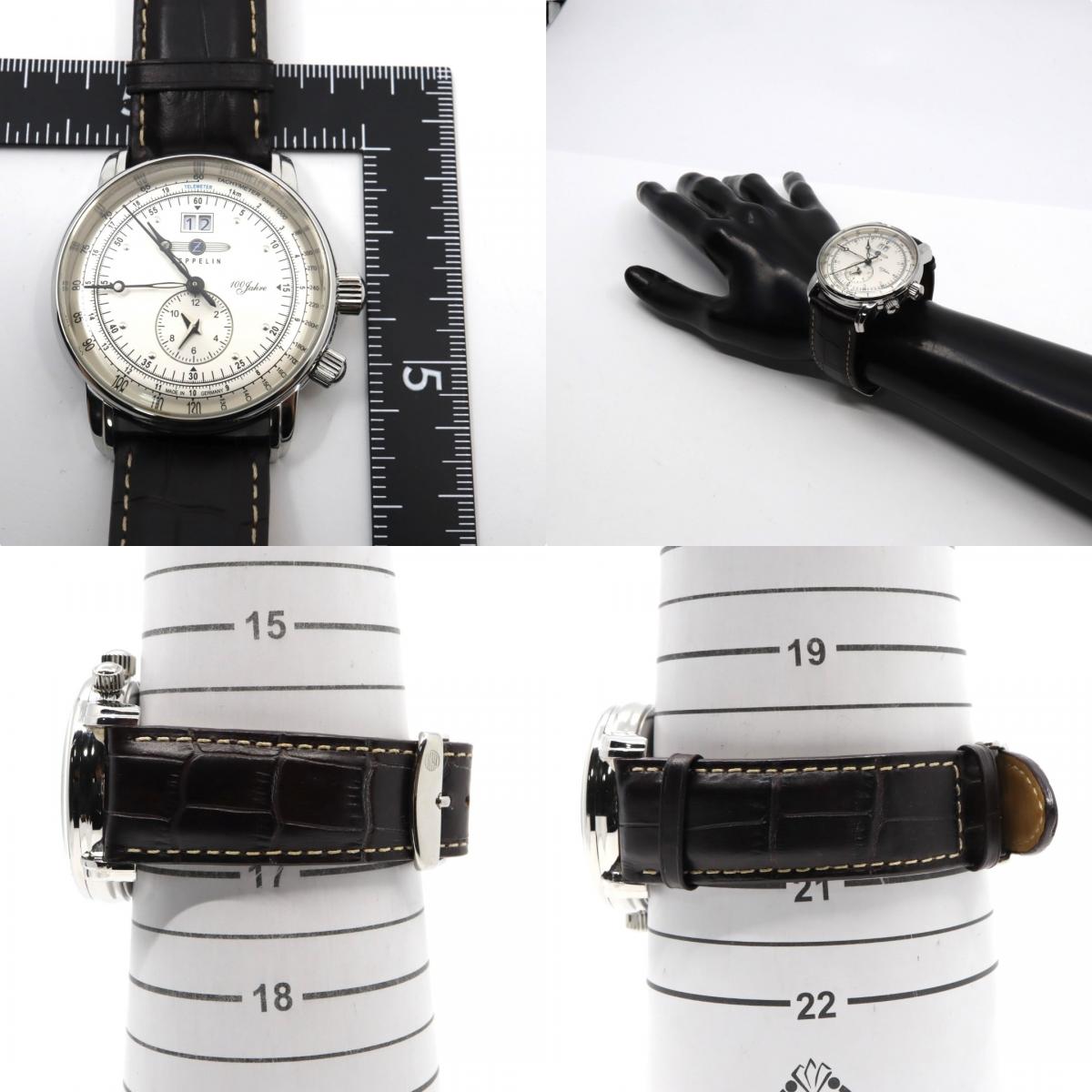 【極美品/電池交換済】 ZEPPELIN ツェッペリン 100周年記念モデル 7640-1 腕時計 メンズ クロノグラフ ビッグデイト アイボリー文字盤 ブラウンレザー ドイツ製 パイロットウォッチ クラシック エレガント アナログ クォーツ 稼働品 G2