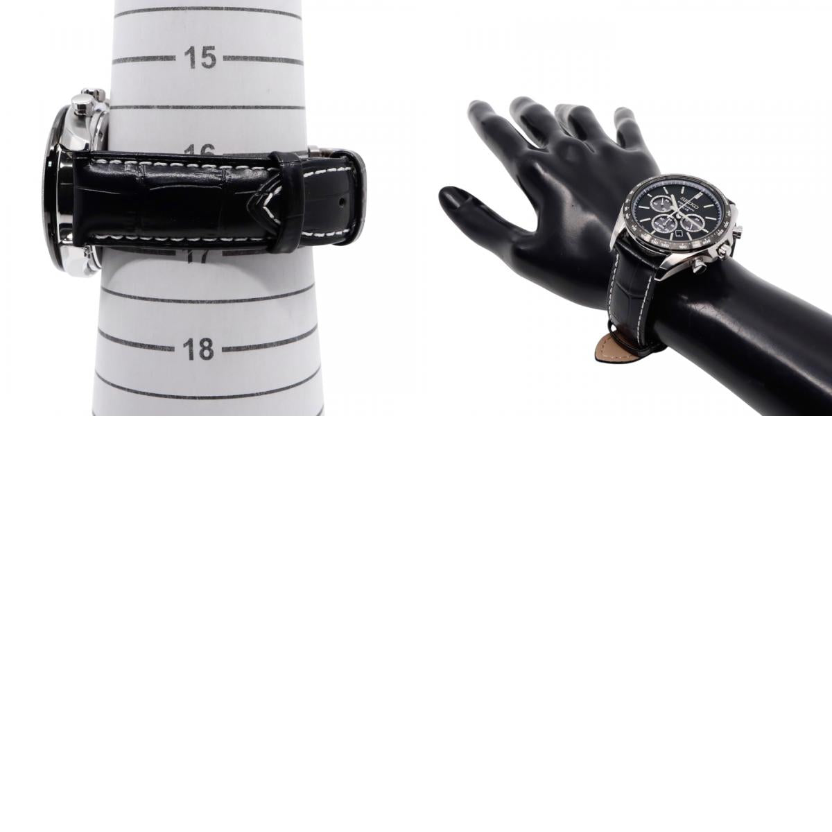 【新品同様/稼働品】セイコー SEIKO クロノグラフ V175-0FA0 メンズ腕時計 ソーラー アナログ ブラック文字盤 型押しレザーベルト タキメーター 10気圧防水 サファイアクリスタル ビジネス スポーティ エレガント クリーニング済 G7