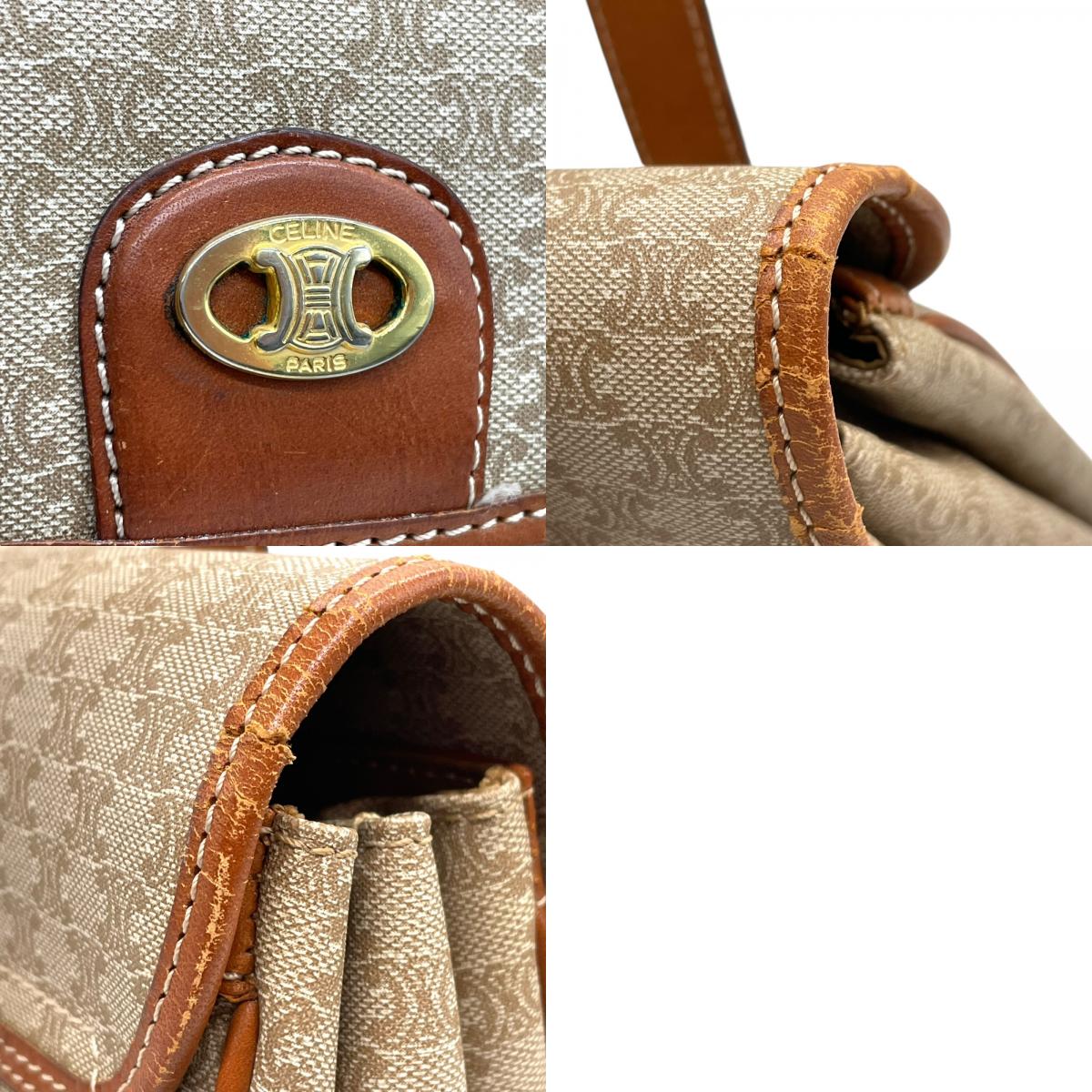 Authentic CELINE Macadam Handbag PVC Leather Vintage Beige Brown M06 Old Celine Gold Hardware Ladies