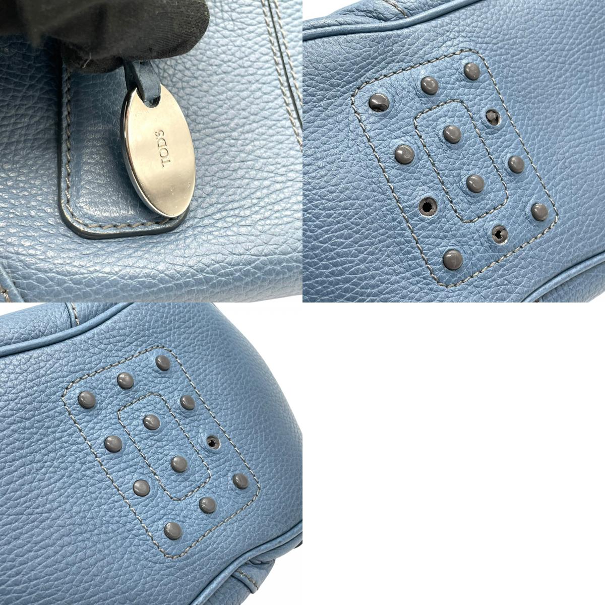 トッズ TOD’S ドーム型 ハンドバッグ ロングハンドル 肩掛け レザー ライトブルー 水色 シルバー金具 トライアングルフォルム A5