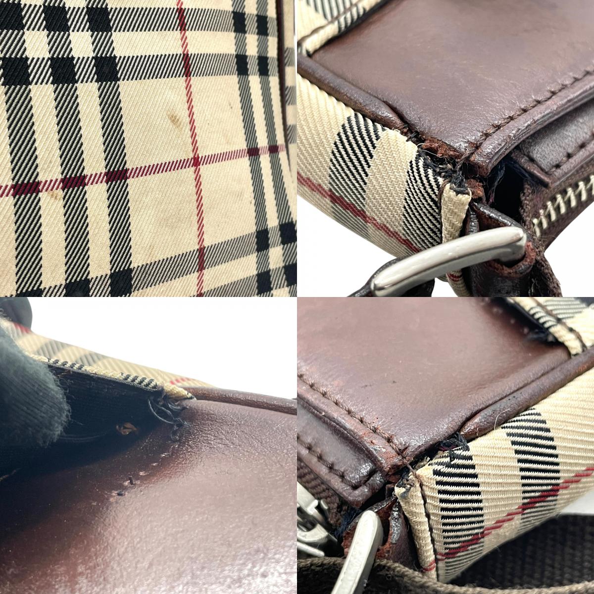 BURBERRY バーバリー ノバチェック ショルダーバッグ キャンバス レザー ベージュ 茶 ブラウン シルバー金具 ロゴプレート チェック柄 斜め掛け 肩掛け レディース C6