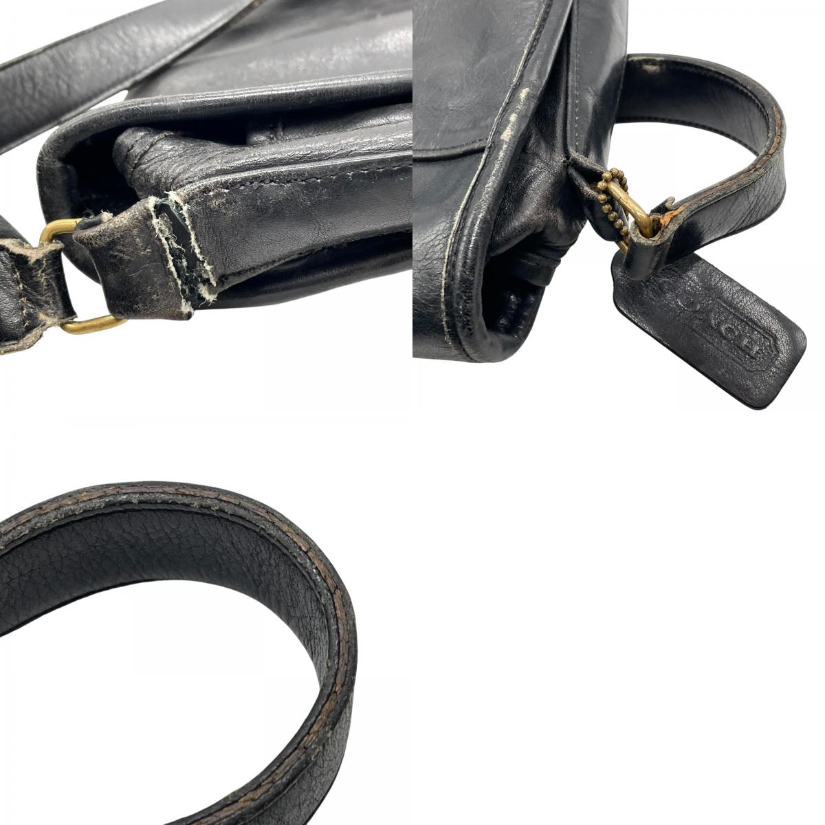 オールドコーチ COACH ショルダーバッグ メッセンジャーバッグ 黒 ブラック レザー ゴールド金具 ロゴチャーム付き フラップ開閉 ヴィンテージ メンズ レディース E2