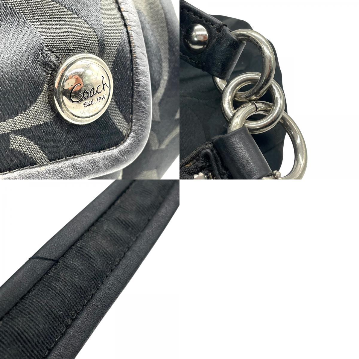 COACH コーチ ポピー シグネチャー 2WAY ショルダーバッグ ハンドバッグ 黒 ブラック キャンバス レザー シルバー金具 フラップポケット ファスナー開閉 肩掛け可 斜め掛け可 ホーボー レディース S30