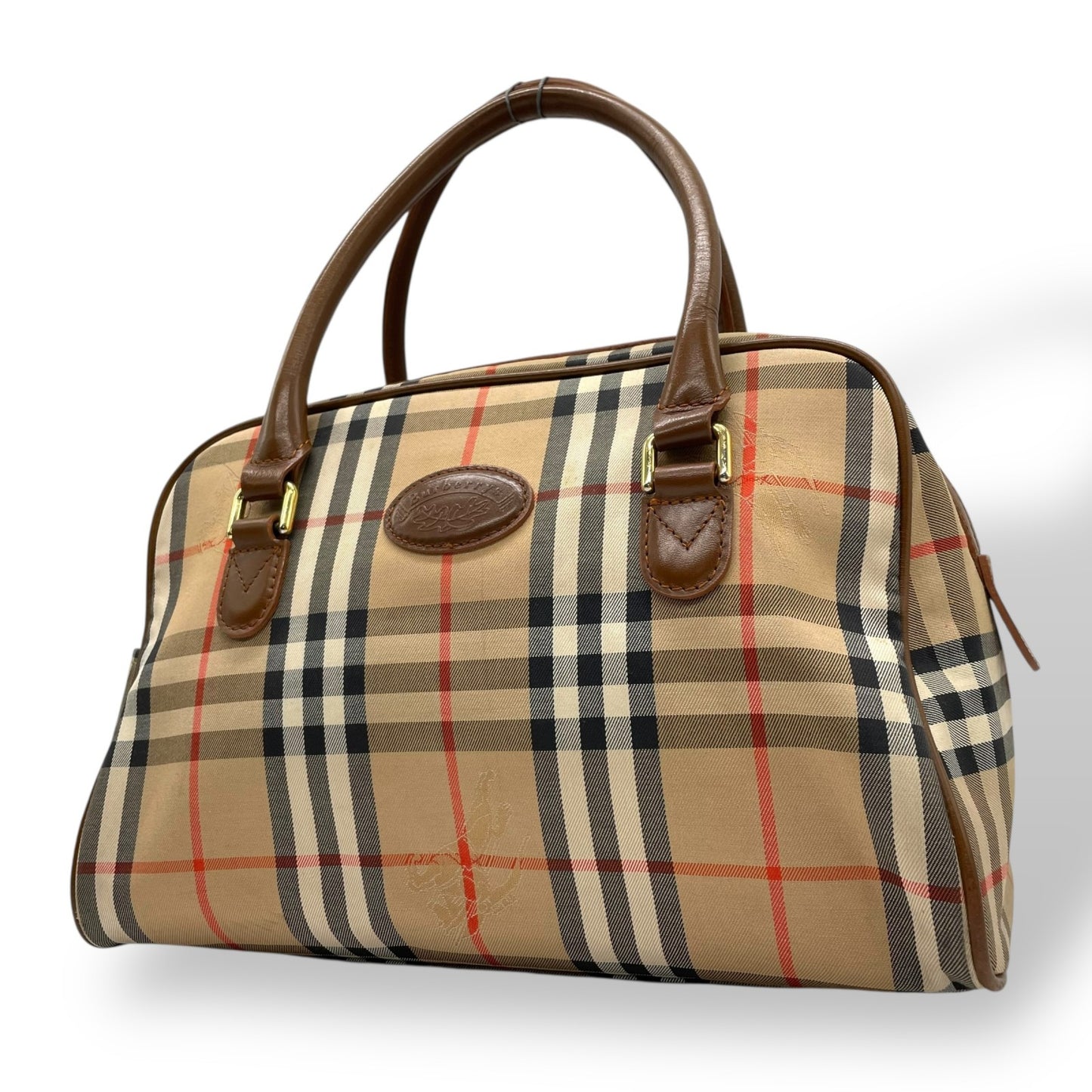 Authentic BURBERRY Shadow Horse Nova Check Handbag Canvas Leather Gold Hardware Zipper Women's