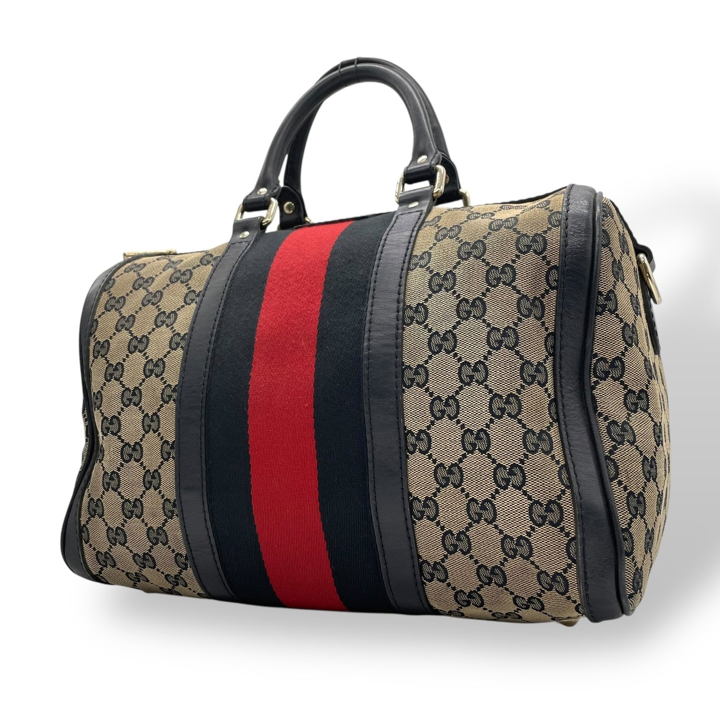 Authentic GUCCI GG Canvas Sherry Line Mini Boston Bag Navy Beige Red Leather